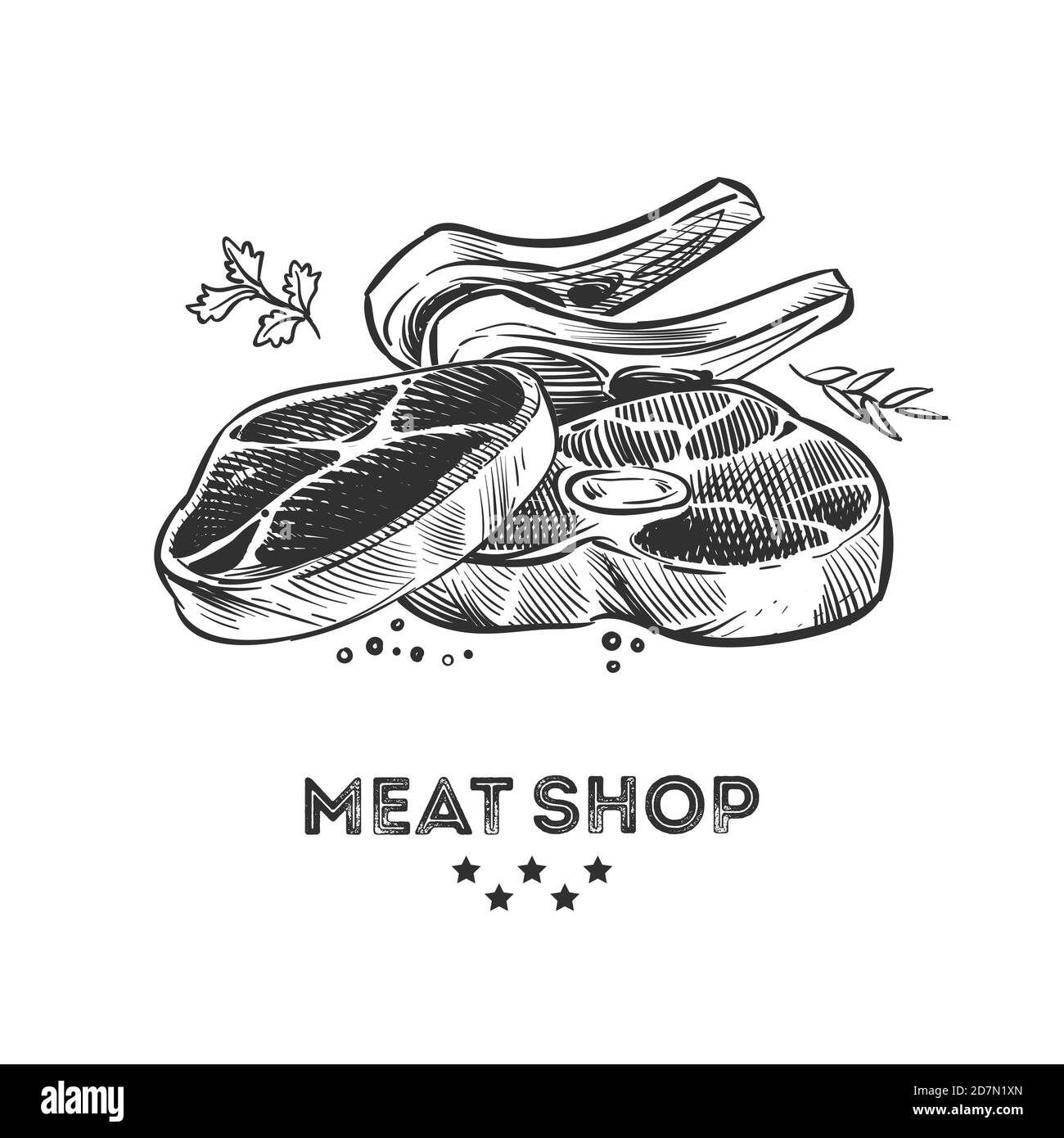 Prodotti a base di carne, bistecca di manzo fresca e costolette disegnate a mano. Bistecca di maiale, bistecca di manzo per barbecue, sidro e pancetta Illustrazione Vettoriale