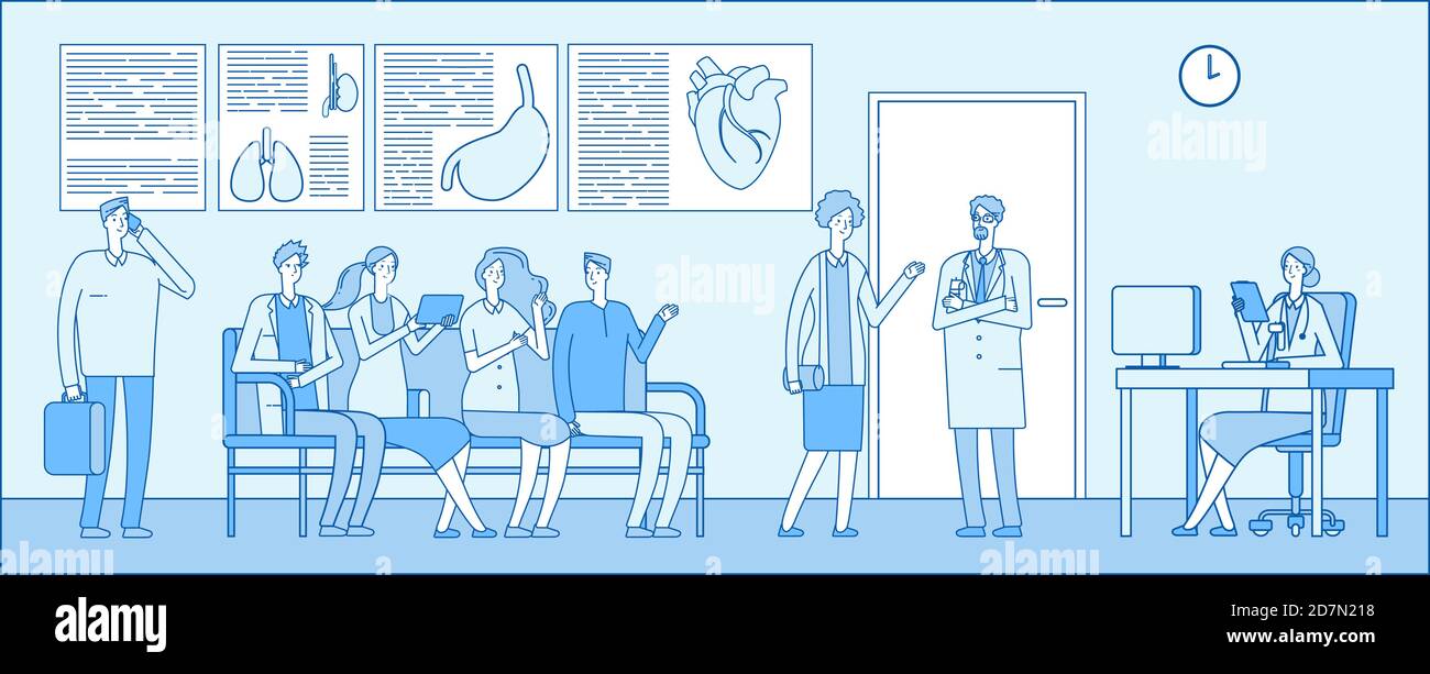 Sala d'attesa del medico. Sala d'attesa del medico. Persone paziente ospedale coda medici ambulatorio interno. Concetto vettoriale per professionisti medici. Illustrazione dell'interno medico, della coda dell'ospedale, della clinica di medicina Illustrazione Vettoriale