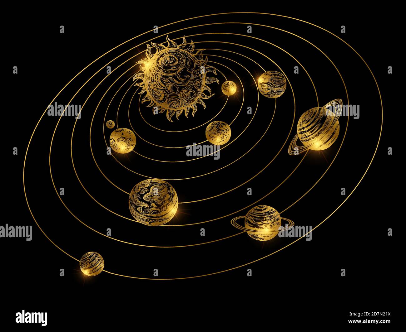 Brillare sistema solare dorato con pianeti disegnati a mano isolati su sfondo nero. Sistema solare dorato, astronomia e galassia, universo cosmo con illustrazione del sole Illustrazione Vettoriale