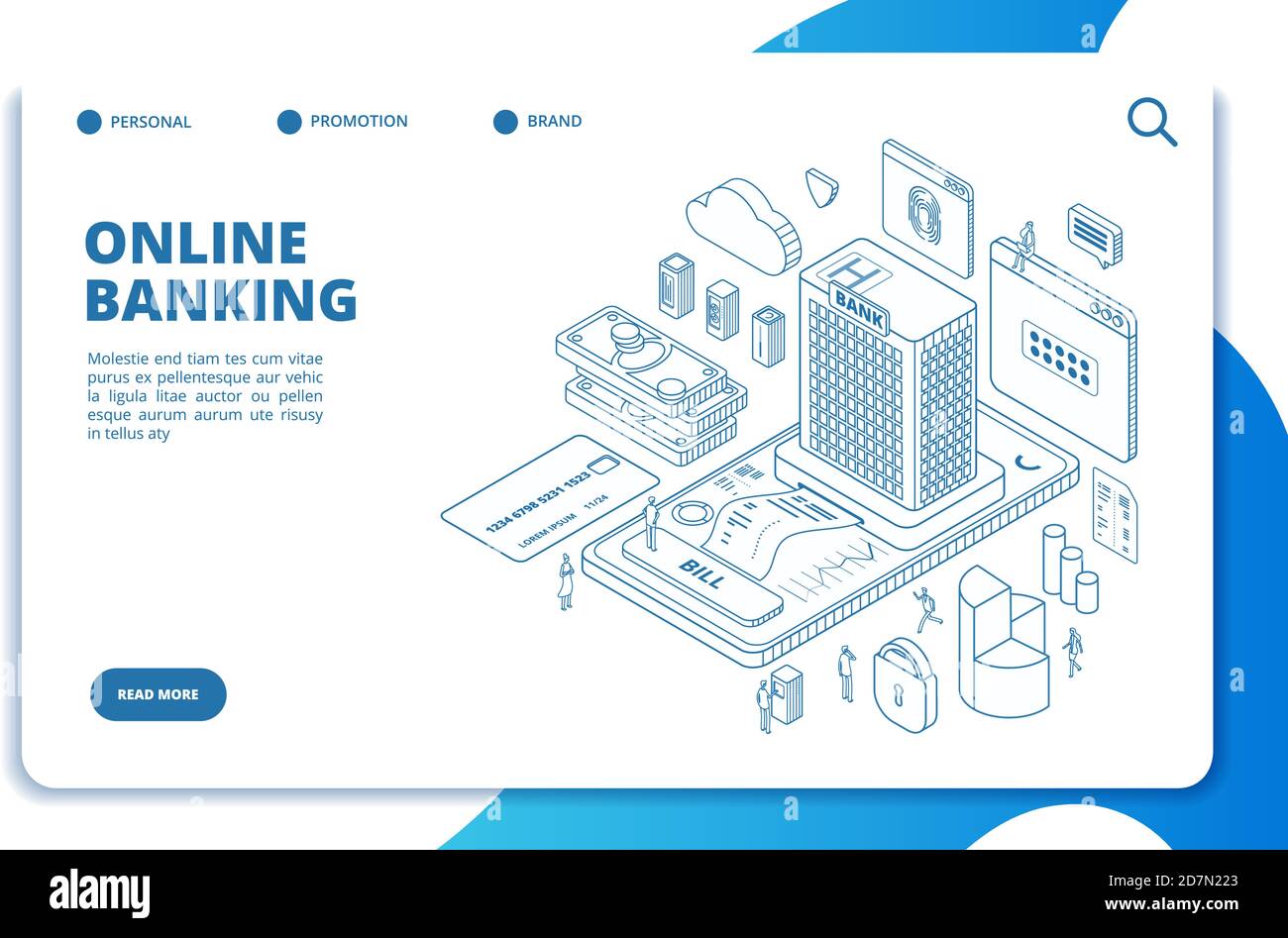 Pagina di destinazione isometrica del banking online. Trasferimenti di denaro, transazioni sicure, cambio valuta con telefono. Modello di sito Web vettoriale. Pagamento Web banking, illustrazione della pagina dell'app mobile online Illustrazione Vettoriale