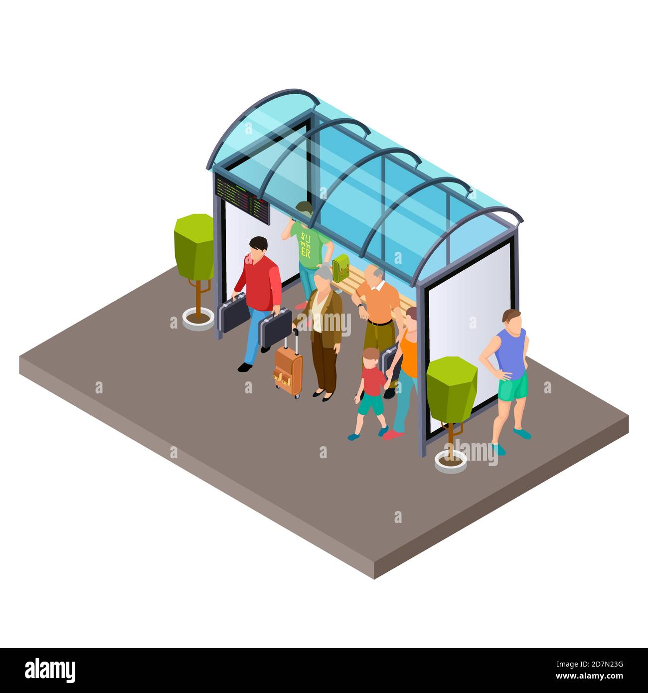 La gente sta aspettando l'autobus alla fermata dell'autobus illustrazione vettoriale isometrica. Fermata isometrica bus con banco Illustrazione Vettoriale