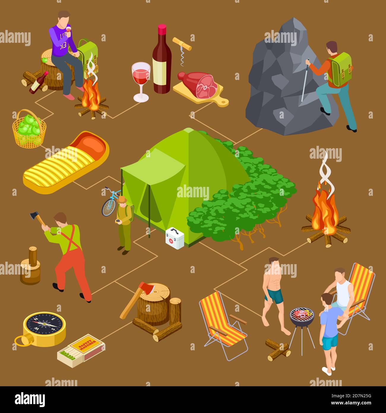 Eco turismo, escursioni, picnic estate concetto di vettore isometrico. Illustrazione di turismo e trekking, avventura e ricreazione. Campeggio, pranzo e falò, falò e trekking Illustrazione Vettoriale