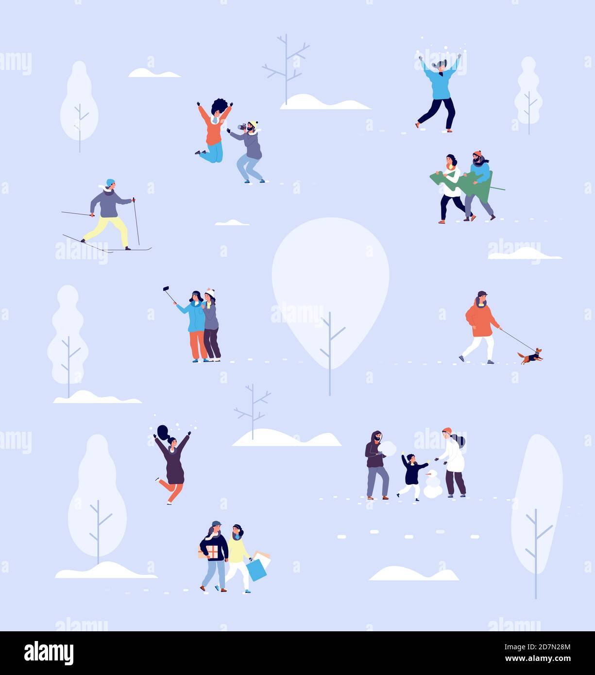 Persone nel parco invernale. Coppie e bambini all'aperto. Vacanze di Natale attività in città nevoso parco vettore concetto. Inverno parco neve, persone a piedi e giocare in illustrazione della neve Illustrazione Vettoriale