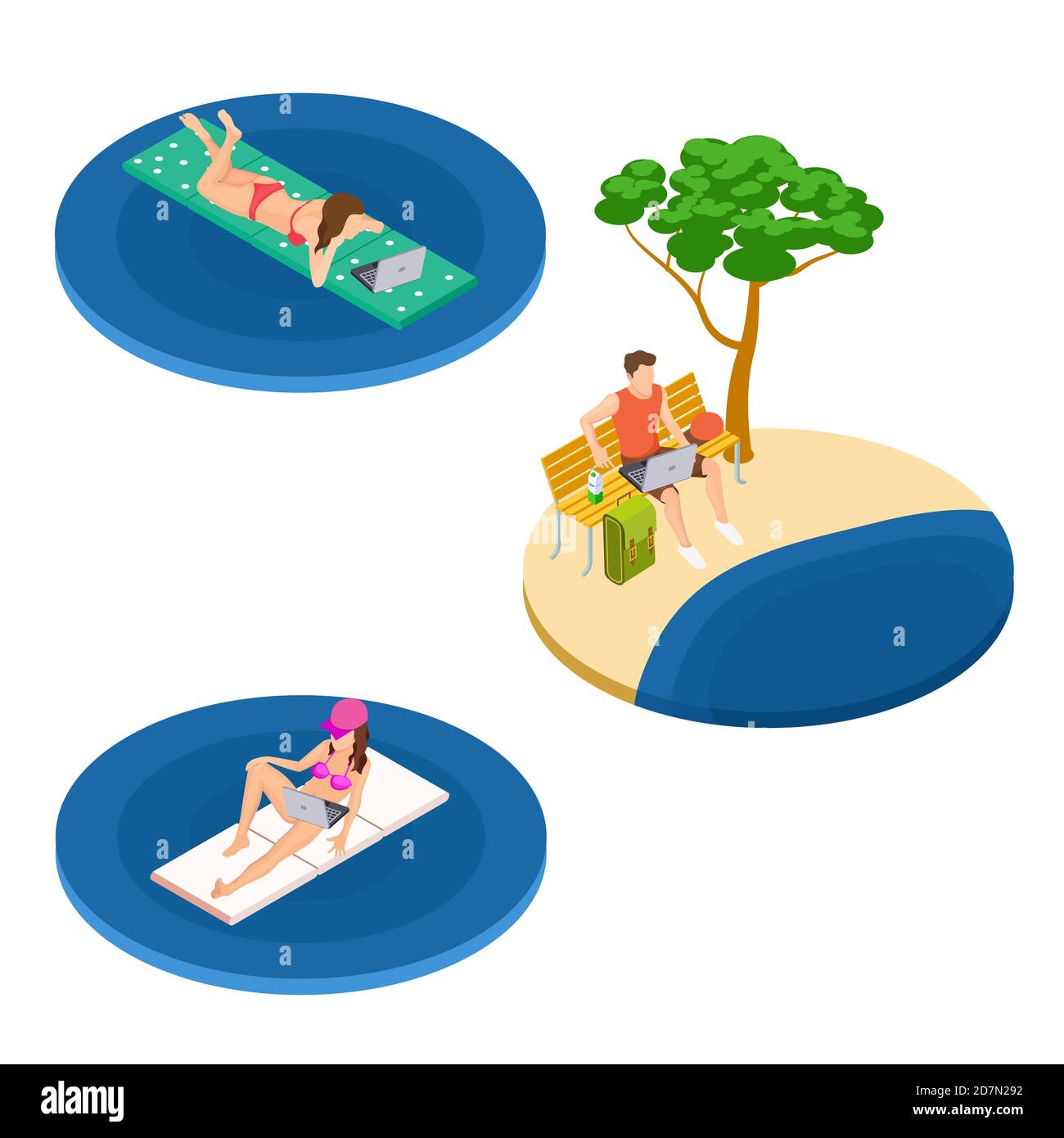 Vettori isometrici lavoratori freelance sulla spiaggia che lavorano con l'illustrazione del laptop. Lavoro freelance su computer portatile, lavoratore in spiaggia Illustrazione Vettoriale