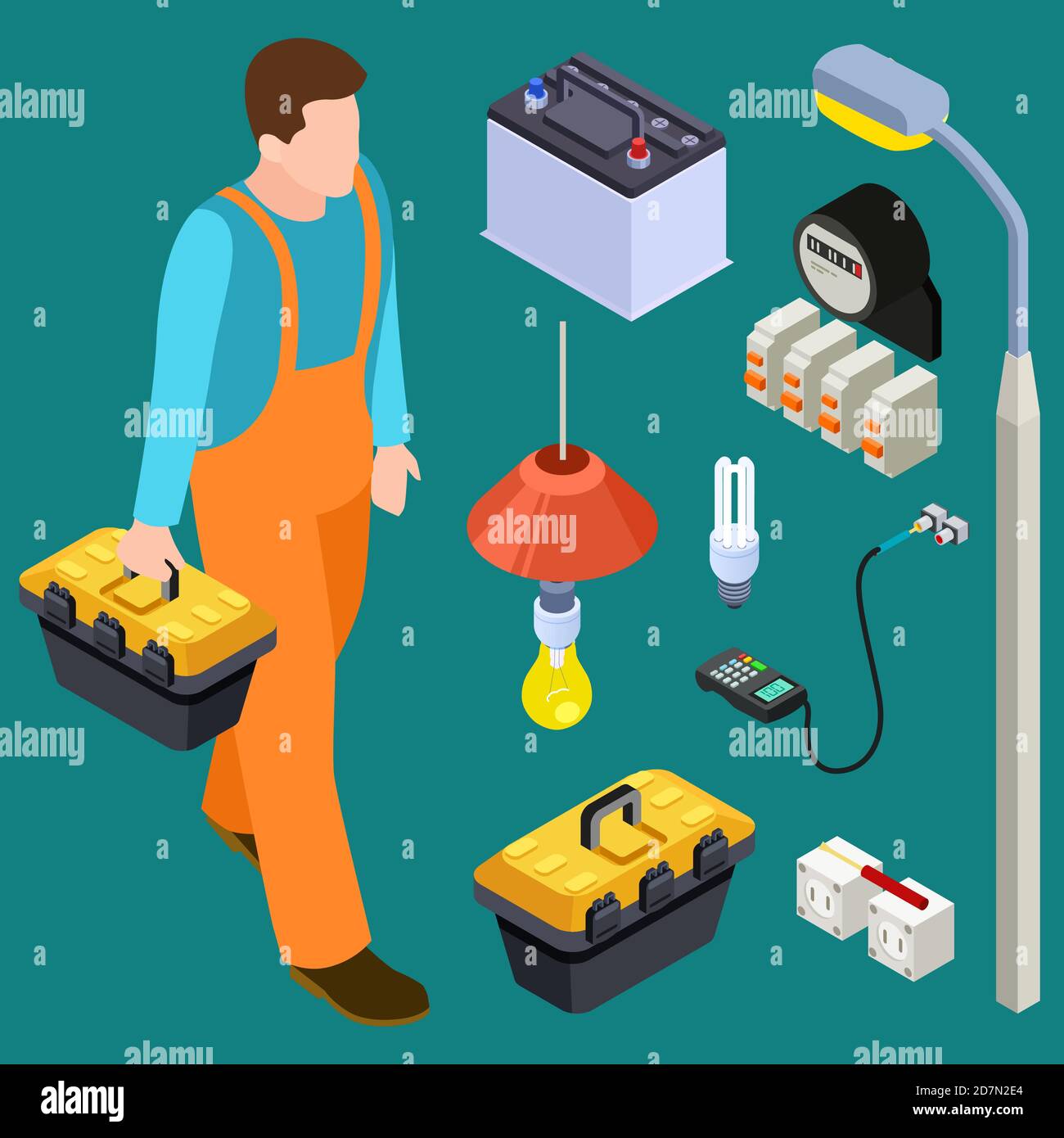 Gruppo vettoriale isometrico per elettricista e strumenti master. Illustrazione di un ingegnere elettrico, di un maestro di elettricista e delle attrezzature Illustrazione Vettoriale