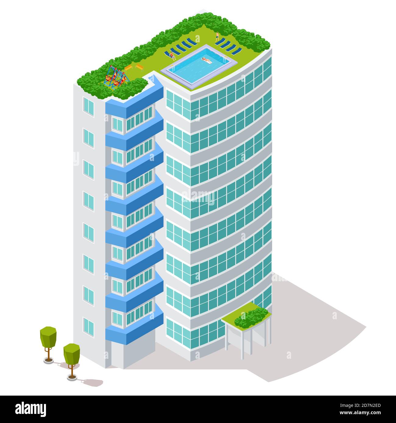 Concetto ecologico di edificio alberghiero con zona di riposo e piscina sul tetto illustrazione vettoriale. Hotel isometrico con prato verde e piscina sul tetto Illustrazione Vettoriale