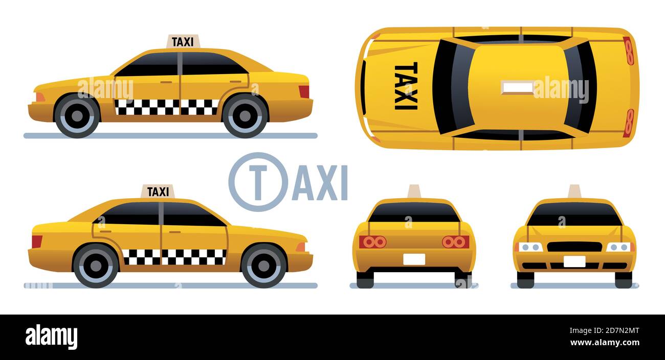 Taxi auto. Vista gialla della cabina da lato, anteriore, posteriore e superiore. Set vettore Cartoon City Taxi. Illustrazione di taxi auto, servizio di trasporto Illustrazione Vettoriale