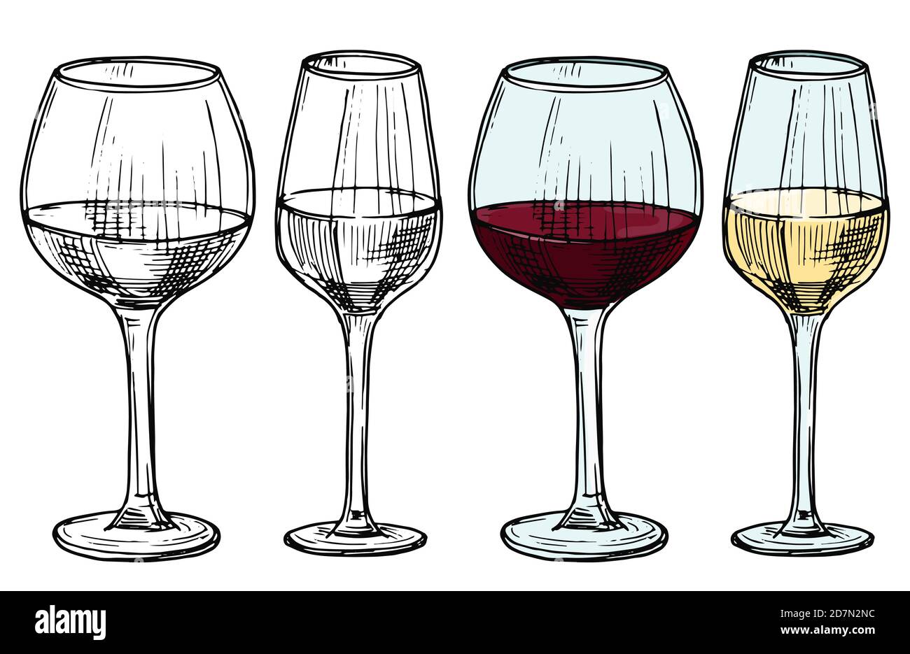 Bicchieri disegnati a mano con illustrazione vettoriale del vino rosso e bianco. Vino alcolico bianco e rosso, bevanda di schizzo in verricello Illustrazione Vettoriale