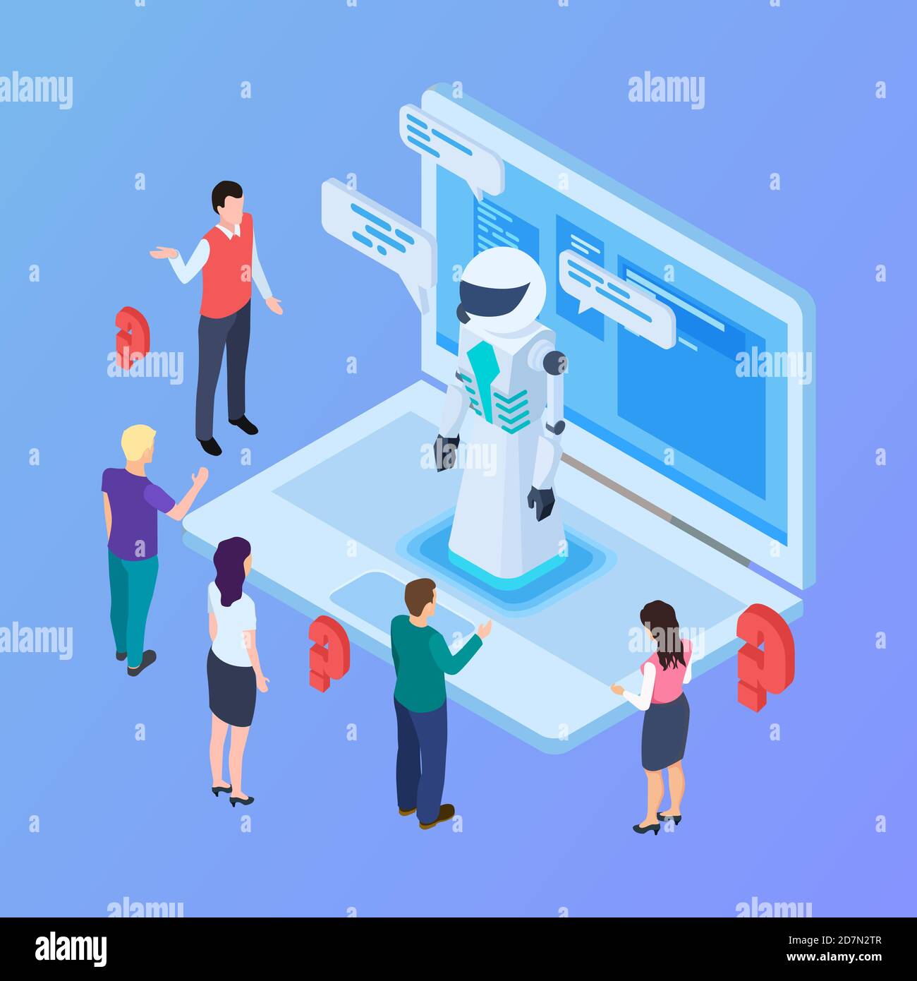 Concetto di vettore chatbot. Robot di intelligenza artificiale isometrica con le persone. Robot intelligence, chat bot ai isometric, comunicazione chatbot illustrazione Illustrazione Vettoriale
