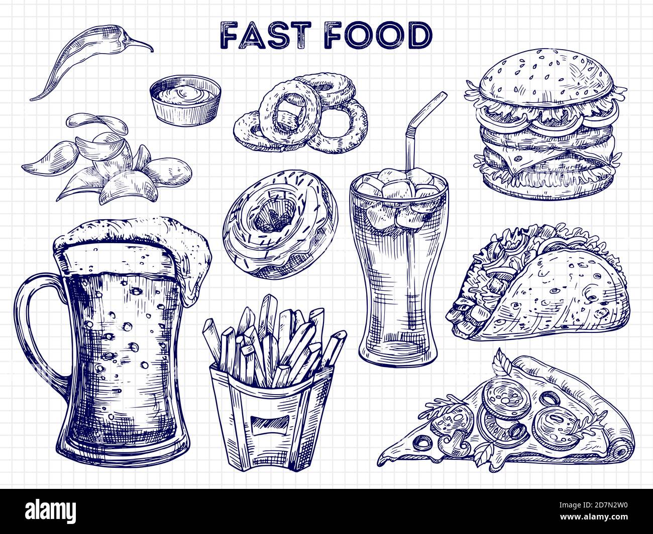 Fast food, snack e bevande schizzi vettoriali illustrazione. Hamburger sandwich, hamburger e pizza Illustrazione Vettoriale