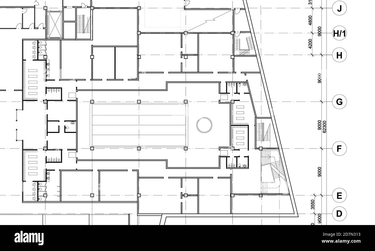 Sfondo architettonico. Parte del progetto architettonico, piano architettonico di un edificio pubblico. Centro benessere con piscina Illustrazione Vettoriale