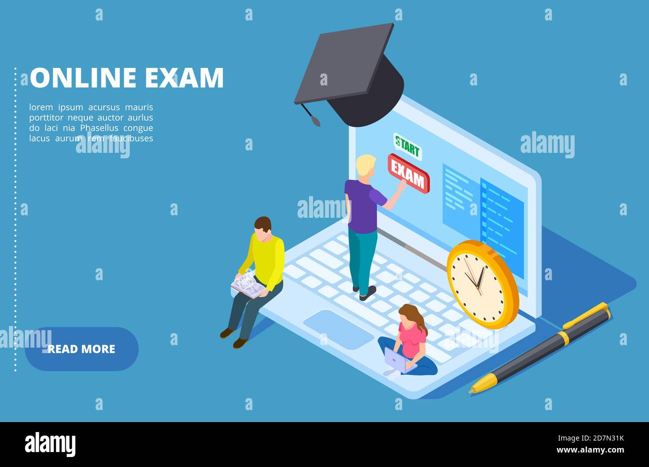 Vettore esame online isometrico. Concetto di educazione e di esame online con gli studenti. Illustrazione dell'esame isometrico online, dell'istruzione e della formazione Illustrazione Vettoriale