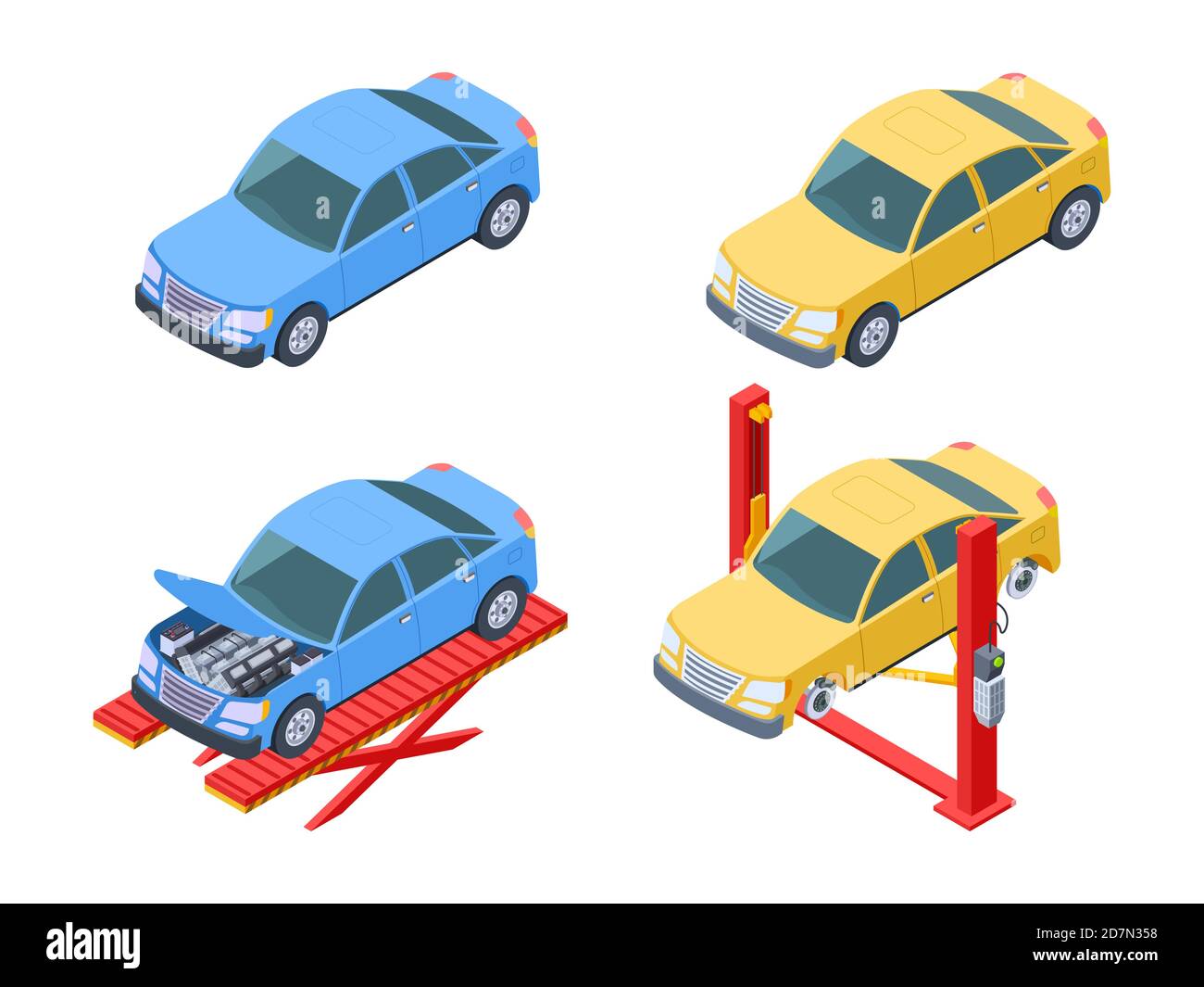 Riparazione auto isometrica. Manutenzione del veicolo, modifica delle ruote, illustrazione vettoriale. Riparazione automatica, diagnostica e riparazione della macchina da officina Illustrazione Vettoriale