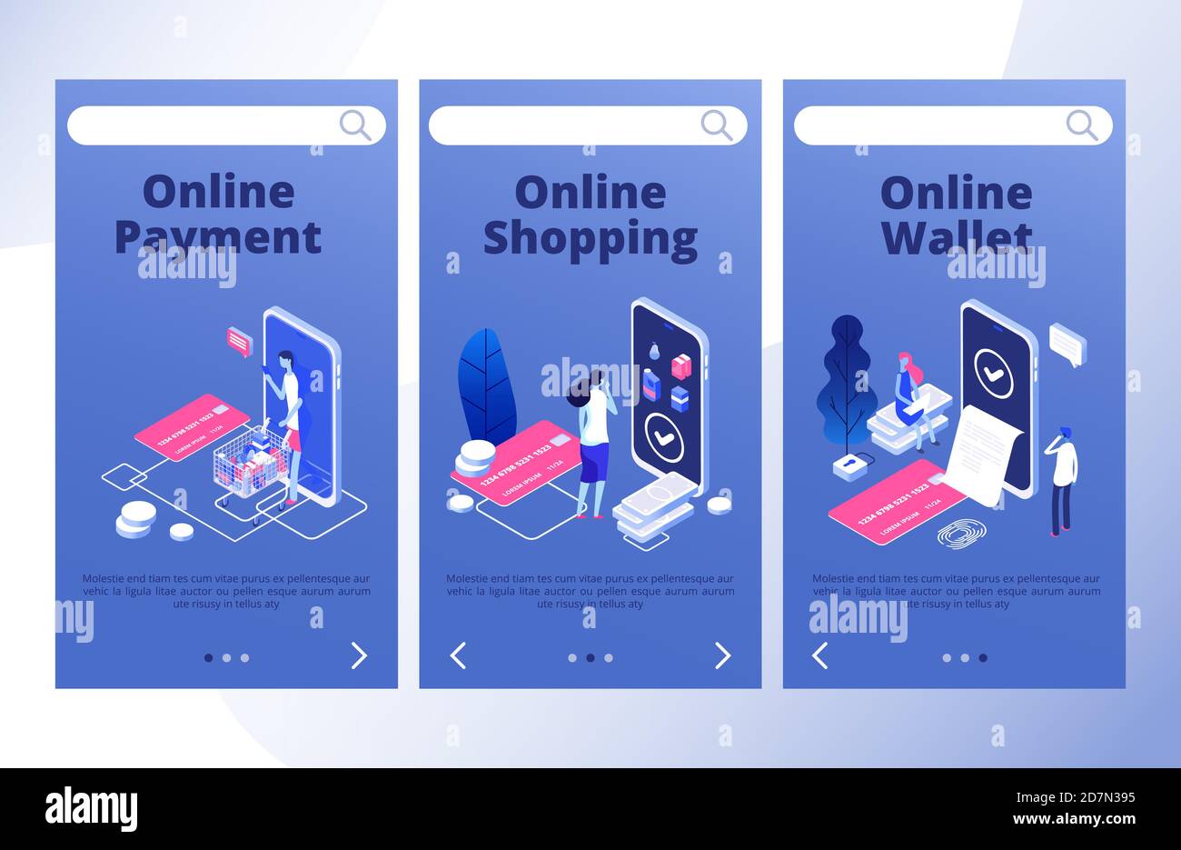 Pagina di destinazione dei pagamenti online. Modello banner vettoriali app mobile bank. Portafoglio online e acquisti, pagamento di denaro con l'illustrazione dell'app mobile Illustrazione Vettoriale