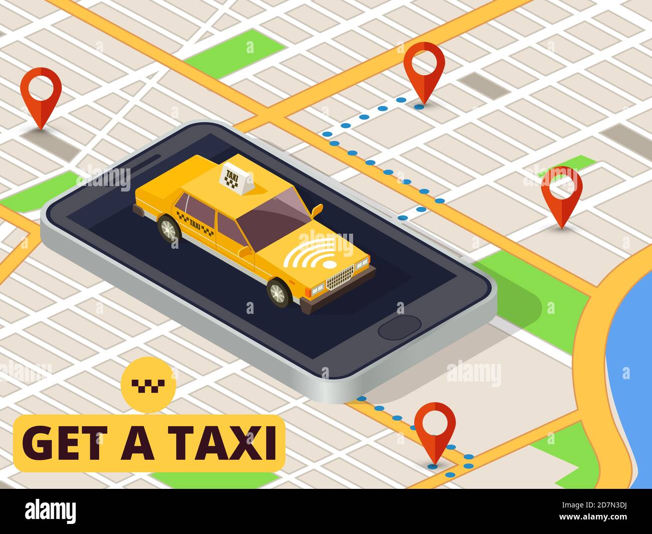 Taxi mobile isometrico. Servizio taxi online e pagamento con app per smartphone su vettore mappa della città. App taxi auto, illustrazione servizio di trasporto in città Illustrazione Vettoriale