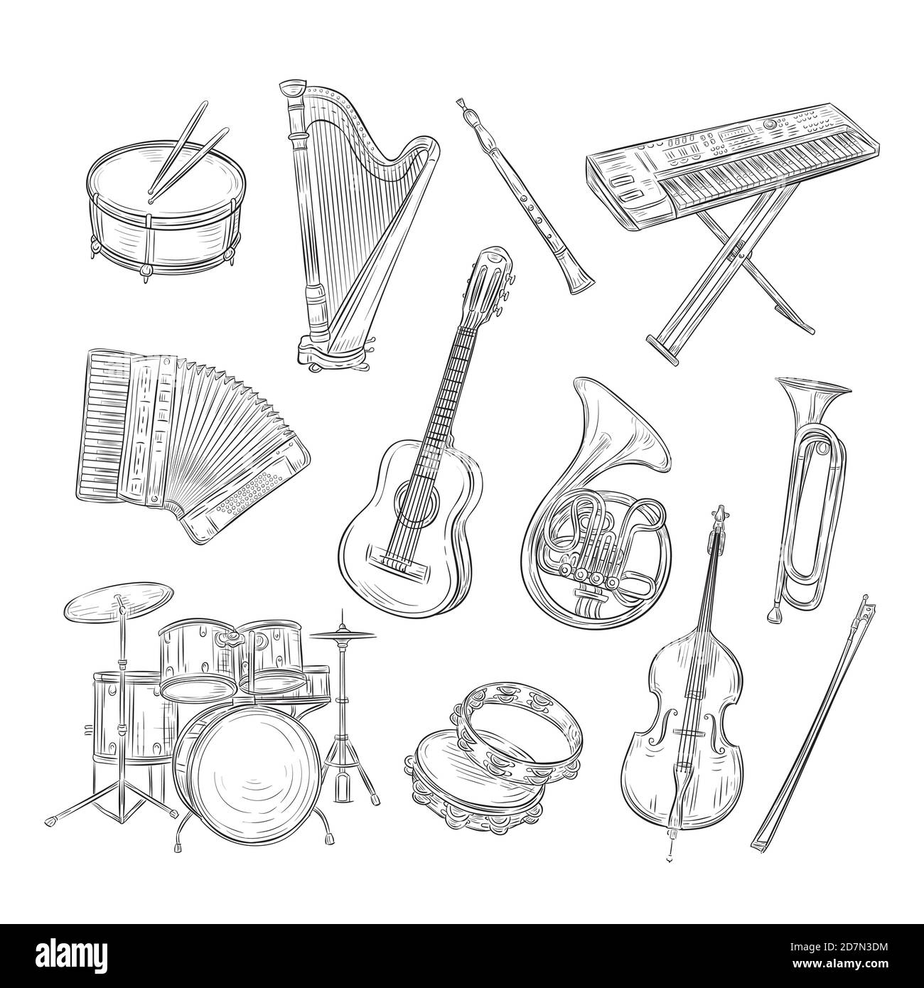 Disegnare strumenti musicali. Drum arpa flauto sintetizzatore fisarmonica chitarra tromba violoncello. Musiche vintage contorno disegnato a mano insieme vettoriale. Drum e tromba, contorno violoncello e chitarra illustrazione Illustrazione Vettoriale