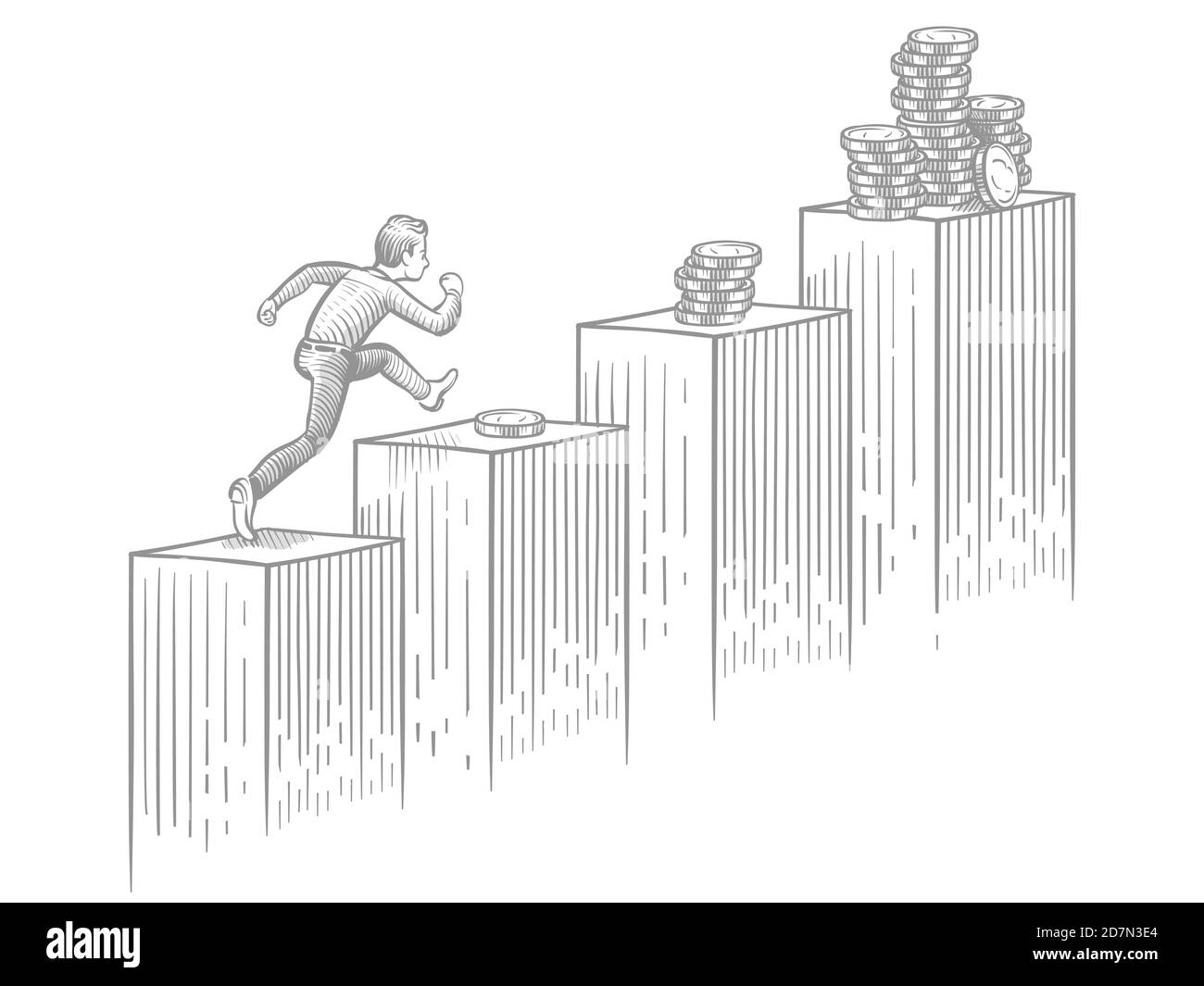 Uomo d'affari running up scale con monete - sketch business e carriera successo vettore illustrazione. Il successo dell'uomo d'affari, la crescita finanziaria, il successo della corsa a risch Illustrazione Vettoriale