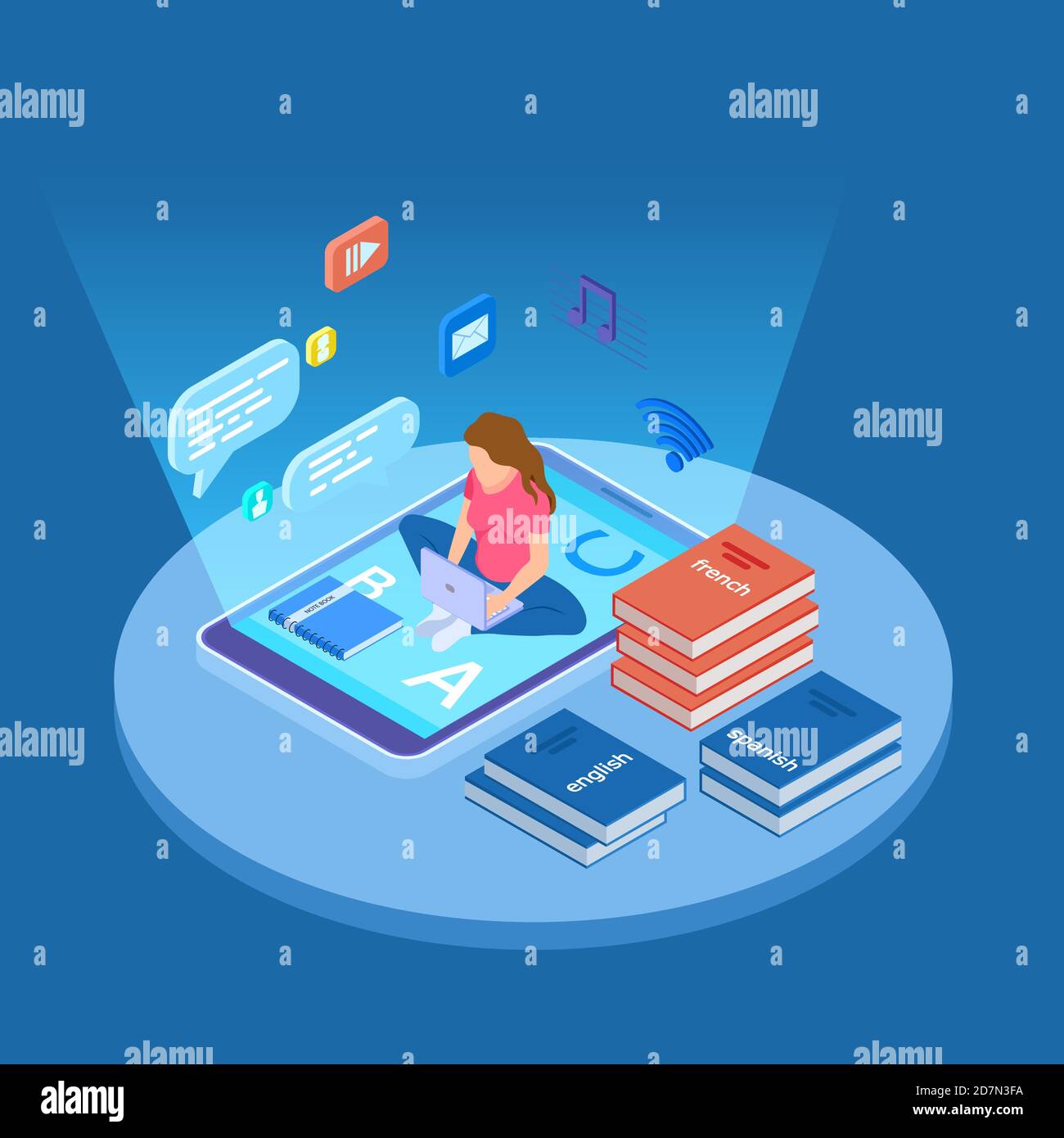 La donna insegna le lingue con l'illustrazione vettoriale isometrica dei corsi onlline. Formazione online, insegnamento web Illustrazione Vettoriale