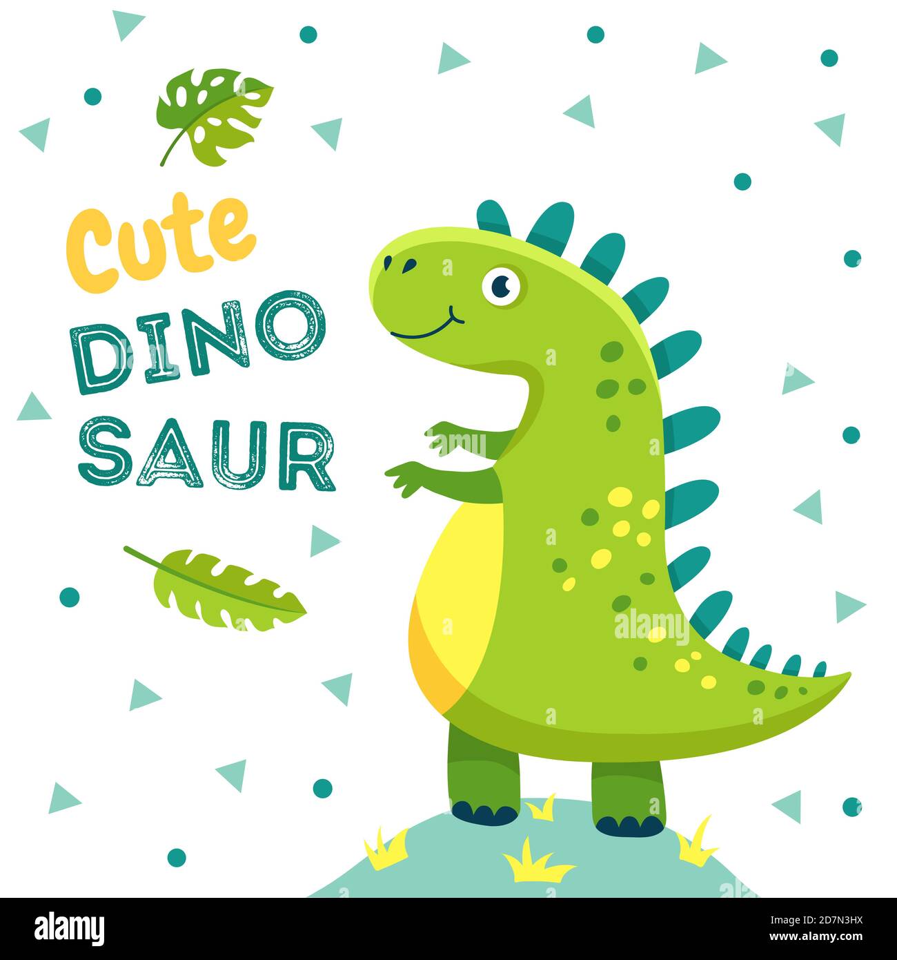 Poster dei dinosauri. Cute baby dino divertenti mostri jurassic animali dragon dinosaurs moda bambini t-shirt design vettore sfondo. Illustrazione del mostro del rettile e del drago, dinosauro jurassic Illustrazione Vettoriale