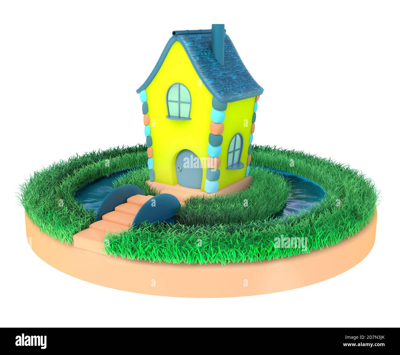 Illustrazione di una casa di cartoni animati sull'erba, e un fiume scorre intorno Foto Stock