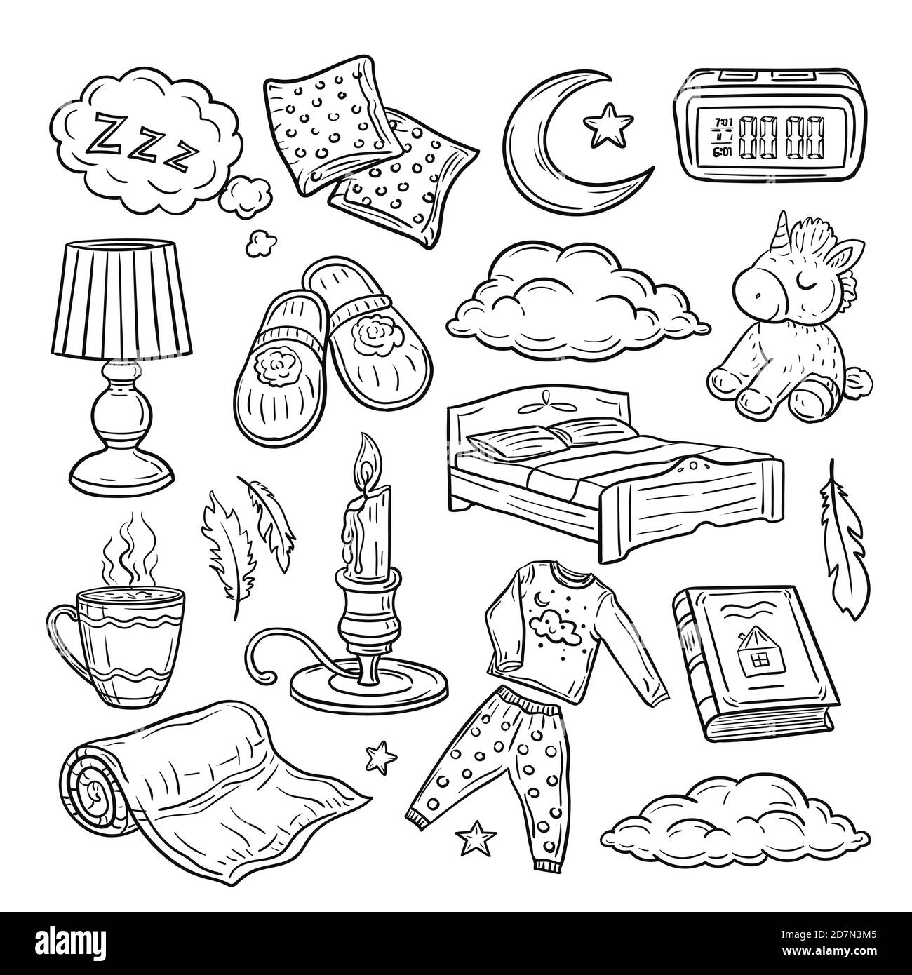 Doodle da coricarsi. Riposatevi, le comode piume dei cuscini sognano la notte di frizzante. Tempo di riposo tracciato a mano insieme di vettori. Elemento del doodle del sonno, contorno del tempo di letto, orologio e illustrazione della lampada Illustrazione Vettoriale