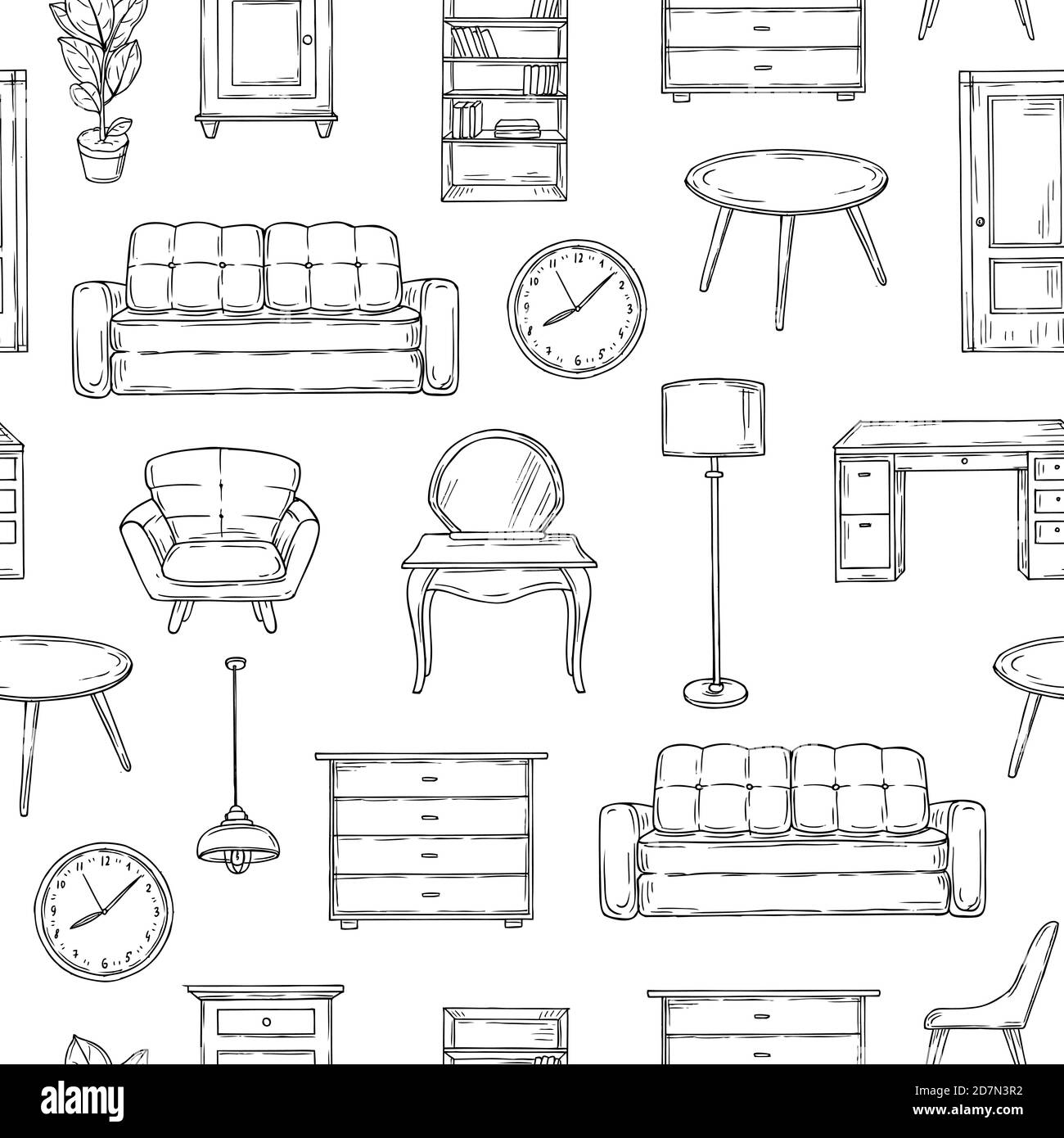 Disegno del modello di arredamento. Soggiorno doodle vintage interni vettore isolato tessitura carta da parati. Illustrazione tavolo interno e divano, sedia e lampada, mobili modello infinito Illustrazione Vettoriale