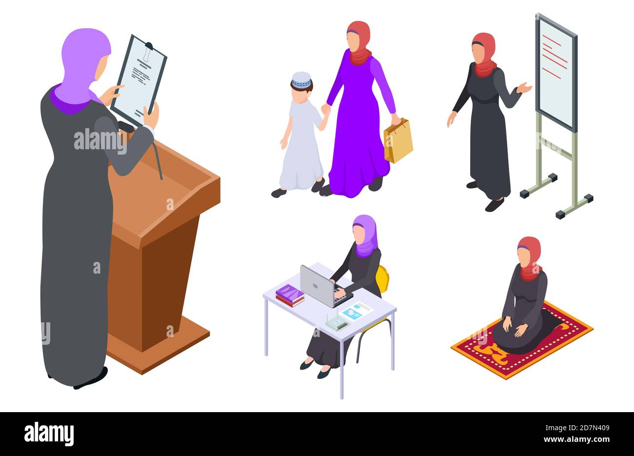 Disegno vettoriale della donna araba isometrica. Donna d'affari musulmana, insegnante, madre, studente. Insegnante araba e la signora islam pregano l'illustrazione Illustrazione Vettoriale