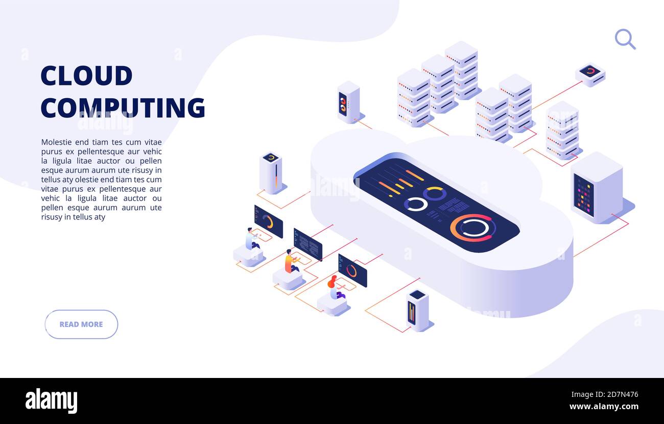 Cloud computing. Backup online computer sicuro Internet hosting accesso applicazioni rete pagina vettoriale di destinazione 3d. Server cloud di dati isometrici, accesso all'illustrazione dello storage Illustrazione Vettoriale