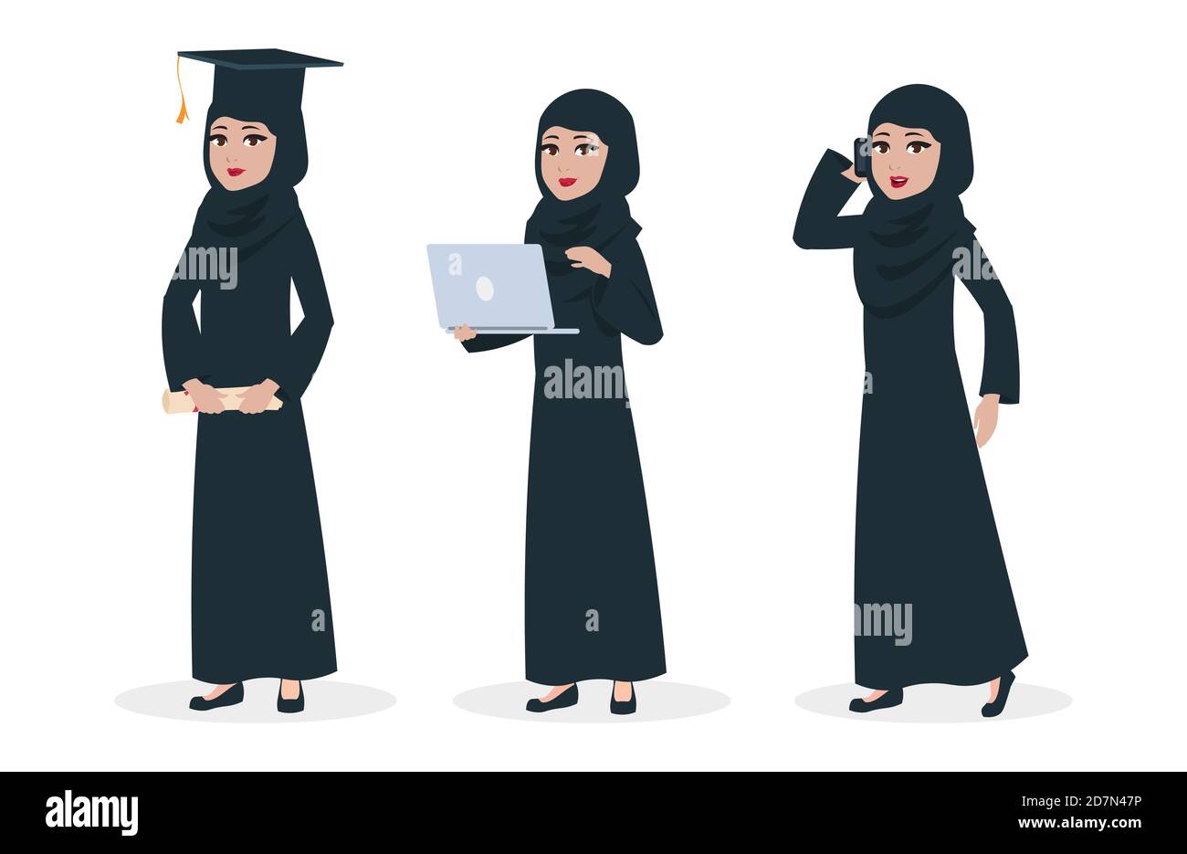 Carattere vettoriale della donna araba moderna. Donna musulmana laureata e illustrazione di donna di affari. Donna araba d'affari in abito tradizionale Illustrazione Vettoriale