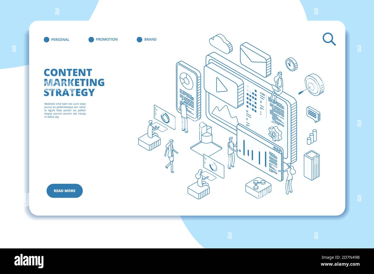 Pagina di destinazione per il marketing dei contenuti. Specialista di creazione di contenuti online, videmarketing e scrittori. Concetto isometrico della linea di servizio B2B. Media di blog vettoriali, servizio di contenuti video, contenuto di siti Web di blogging Illustrazione Vettoriale