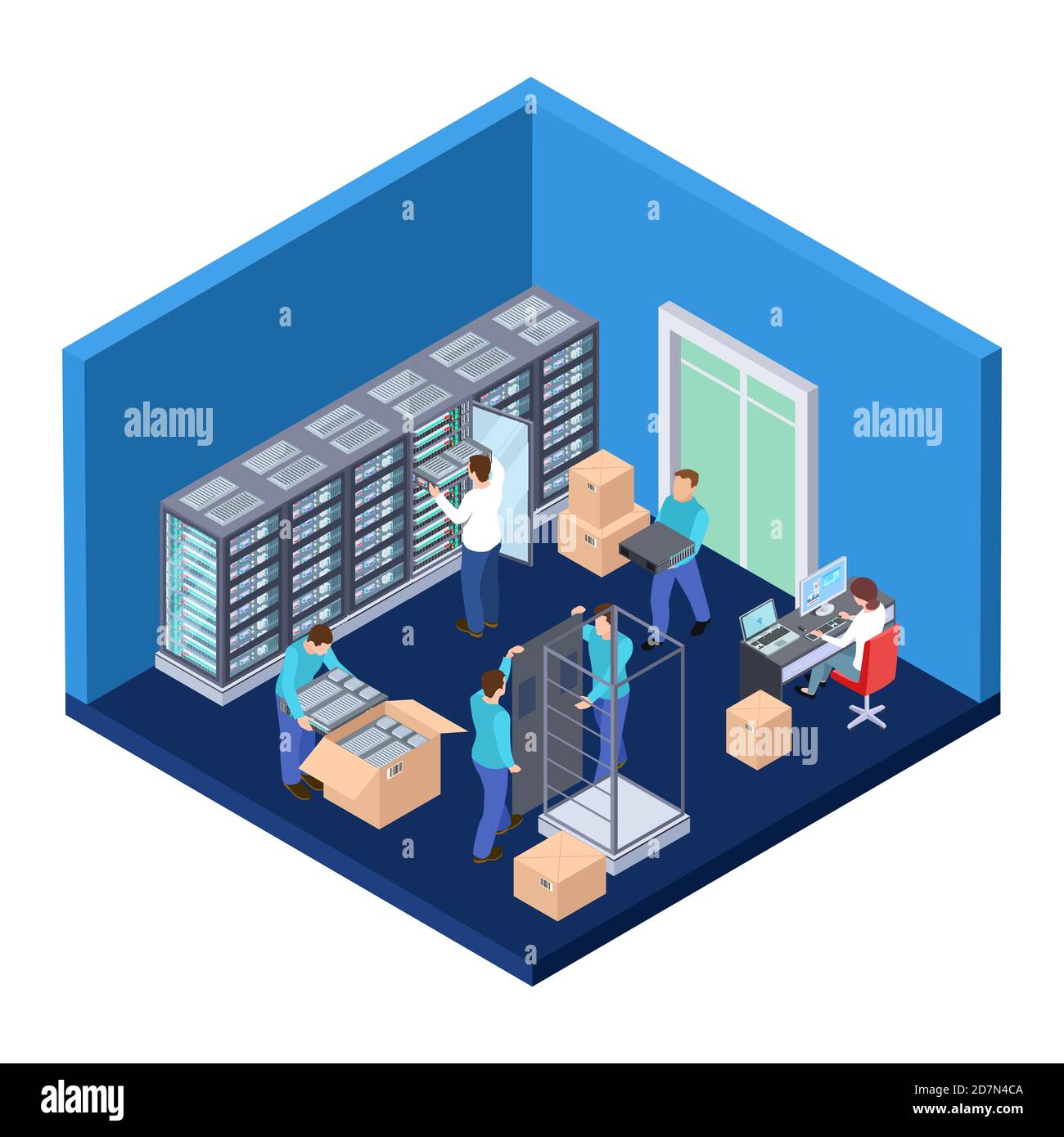 Isometrica della sala server. Illustrazione vettoriale 3D del server engineer IT. Sistema di data center, sicurezza delle comunicazioni di hosting Illustrazione Vettoriale