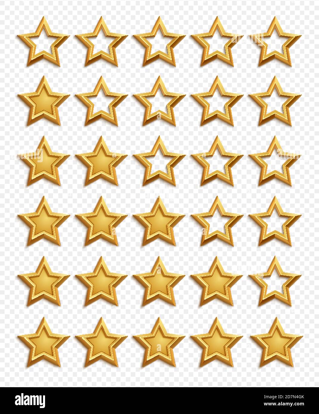 Sistema di classificazione a cinque stelle. Stelle d'oro che classifica vettore isolato su sfondo trasparente. Valutazione della qualità a stelle, vedere l'illustrazione della classifica dei servizi Illustrazione Vettoriale