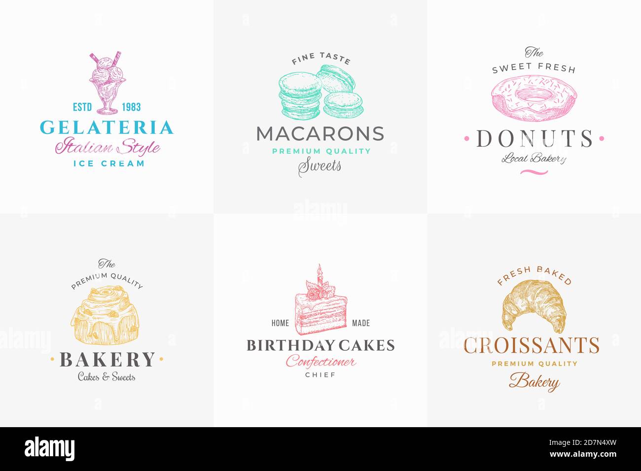 Collezione di simboli astratti, simboli o modelli di logo di qualità superiore. Gelato artigianale, ciambelle e torte con tipografia. Locale Illustrazione Vettoriale