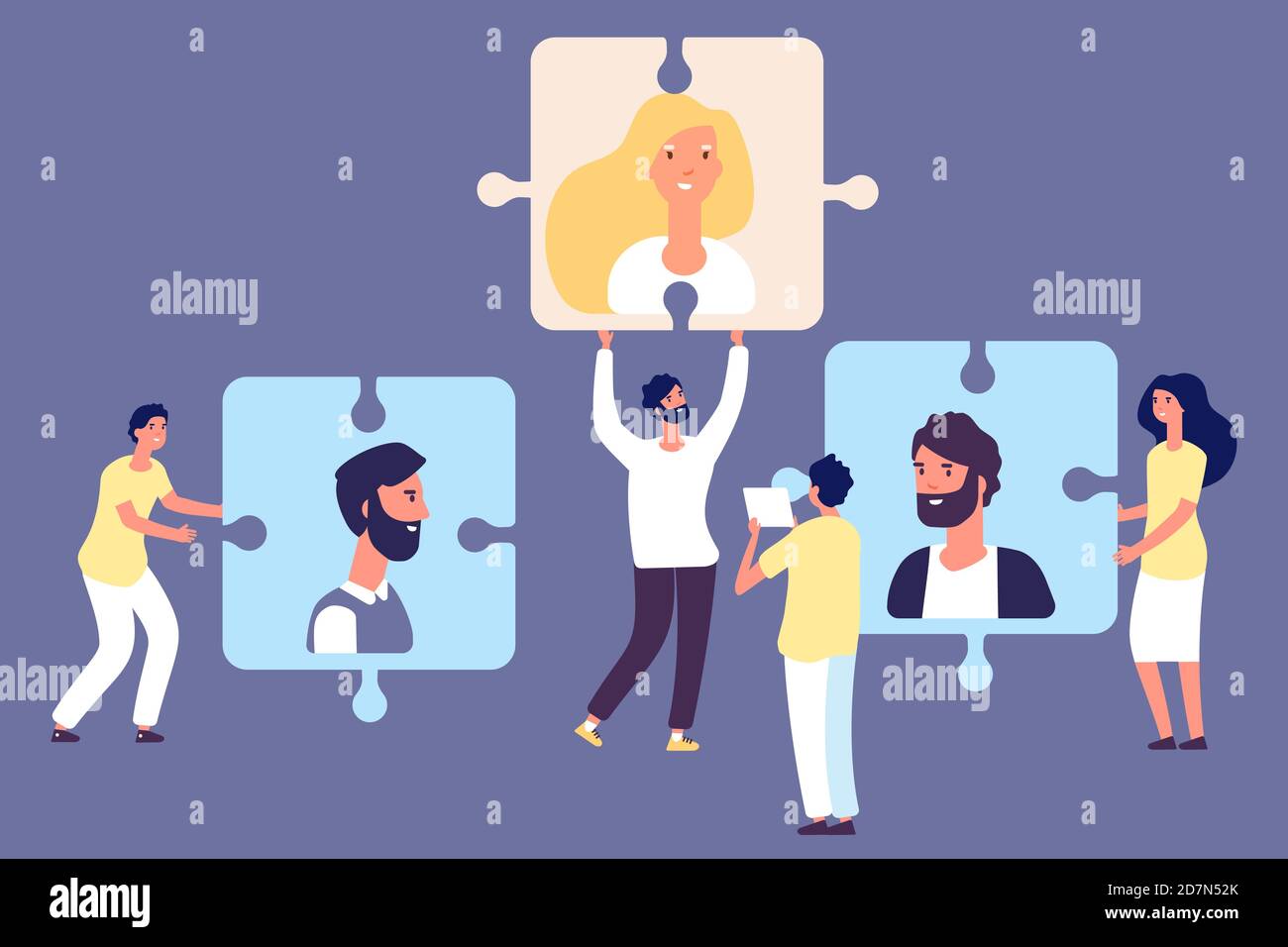 HR manager e headhunters. Concetto di reclutamento. Ricerca professionale vettoriale, risorse umane, pubblicità dei dipendenti, illustrazione dell'agenzia di lavoro. Illustrazione del reclutamento del dipendente, ora e caccia alla testa Illustrazione Vettoriale