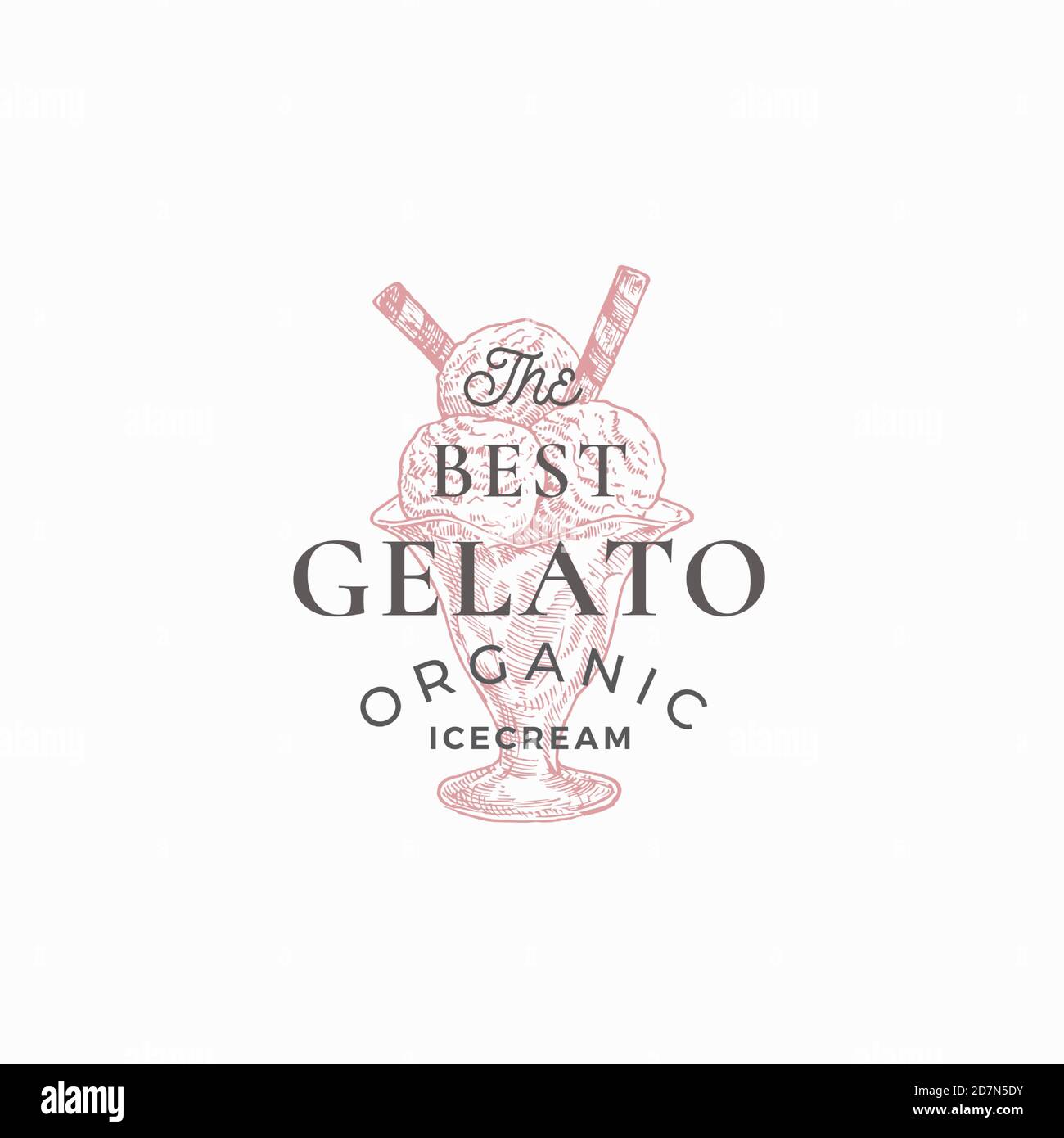 Cartello di estratto, simbolo o modello di logo del gelato biologico. Disegno a mano del gelato illustrazione dello schizzo con la tipografia. Emblema vettoriale dei dolci in stile italiano Illustrazione Vettoriale