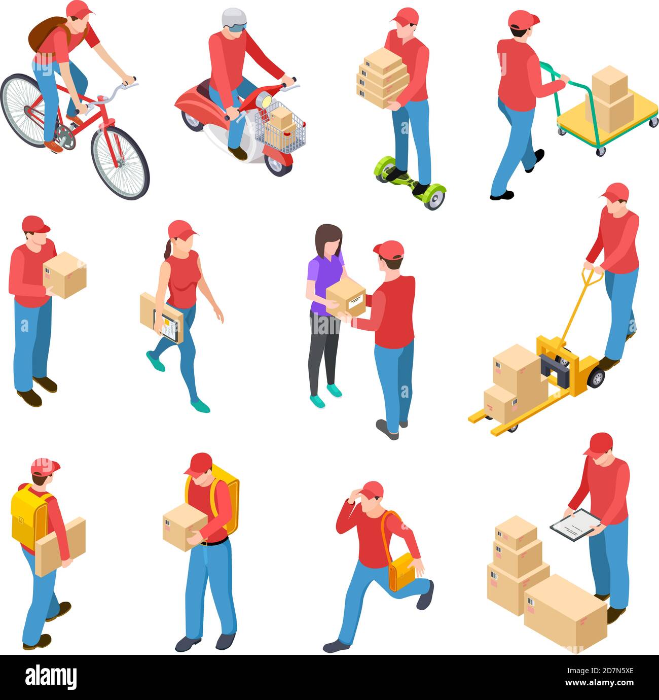 Erogazione isometrica. I corrieri consegnano i ragazzi del postman che trasportano i caratteri vettoriali isolati 3d del corriere del motociclo della scatola del scuter del motociclo. Erogazione isometrica, illustrazione del pacchetto deliveryman Illustrazione Vettoriale