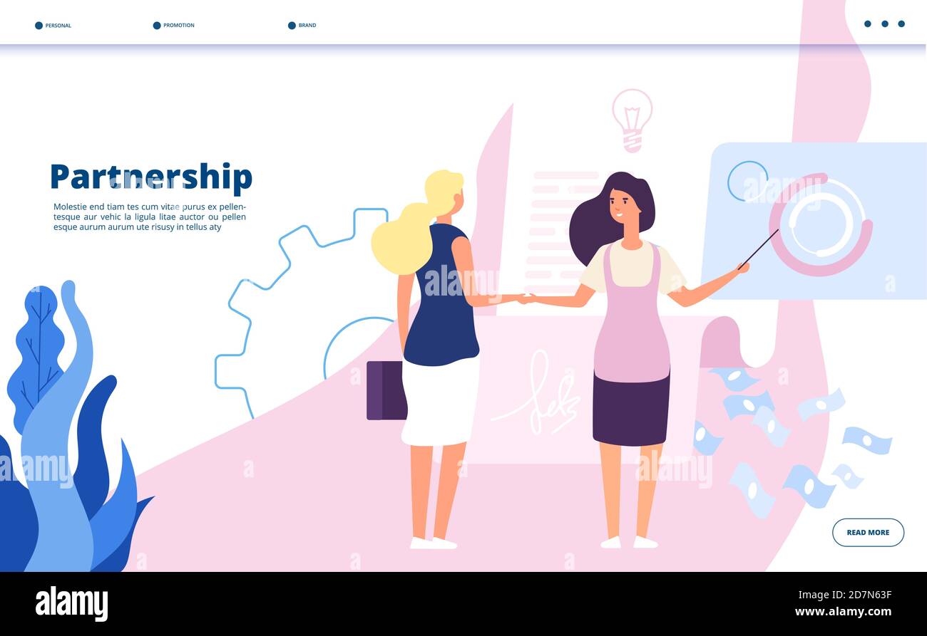 Atterraggio in partnership. Piano aziendale partnership leader aziende business accordo strategia Startup cooperazione vettore concetto. Illustrazione del business di cooperazione, incontro con i leader aziendali Illustrazione Vettoriale