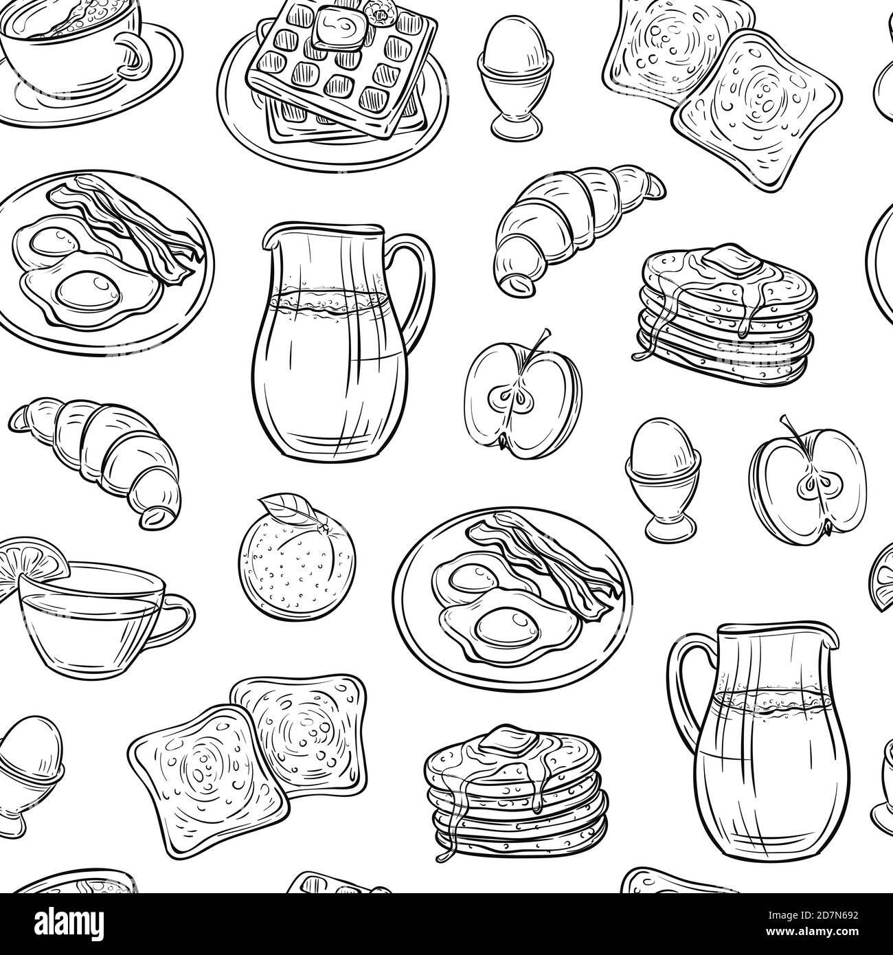 Colazione doodle pattern. Frittelle marmellata formaggio yogurt salsiccia tè pane e uova schizzo senza cuciture struttura vettoriale. Illustrazione del cibo e delle bevande per la colazione Illustrazione Vettoriale