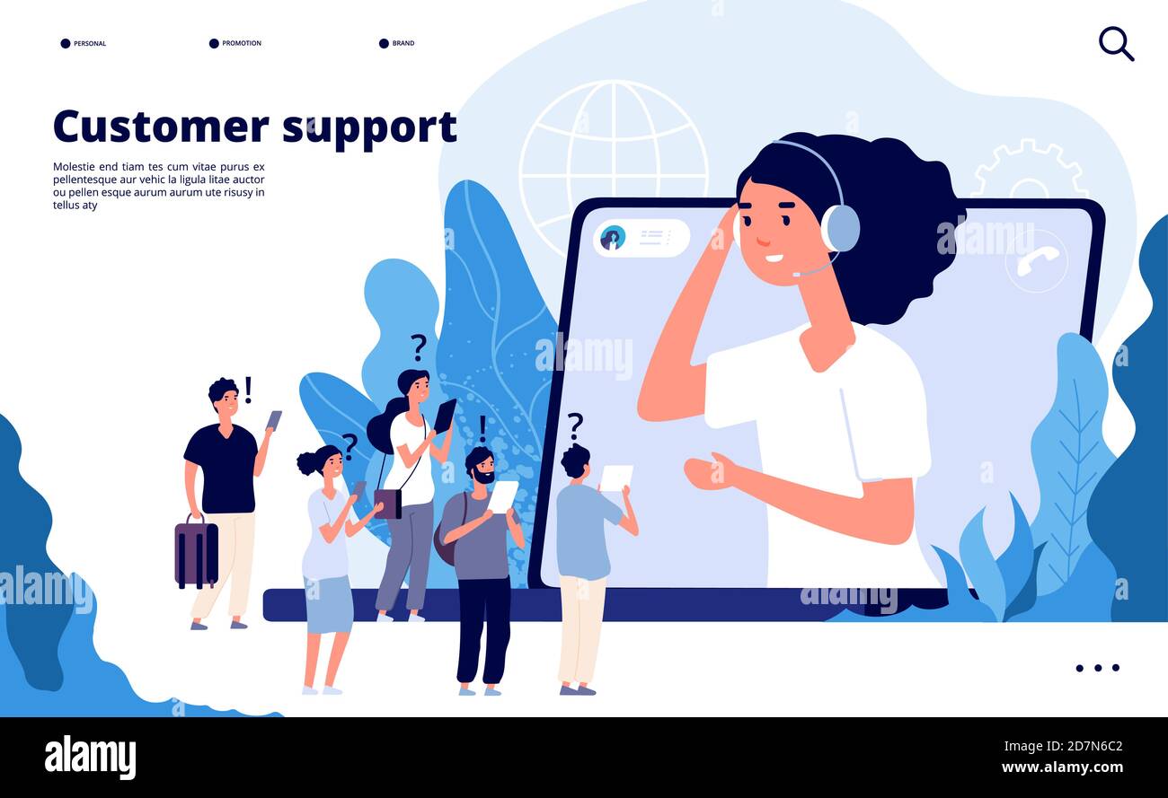 Concetto di assistenza clienti. I professionisti aiutano i clienti con lo smartphone. Landing page del vettore di comunicazioni di telemarketing. Illustrazione del supporto operatore professionale, guida alla comunicazione Illustrazione Vettoriale