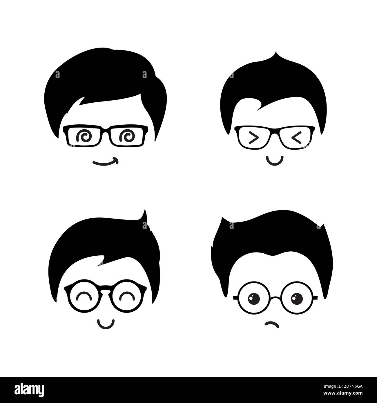 Carino geek ragazzi vettore icone di set. Geek ragazzo faccia personaggio giovane, sorriso, ragazzo in occhiali illustrazione Illustrazione Vettoriale