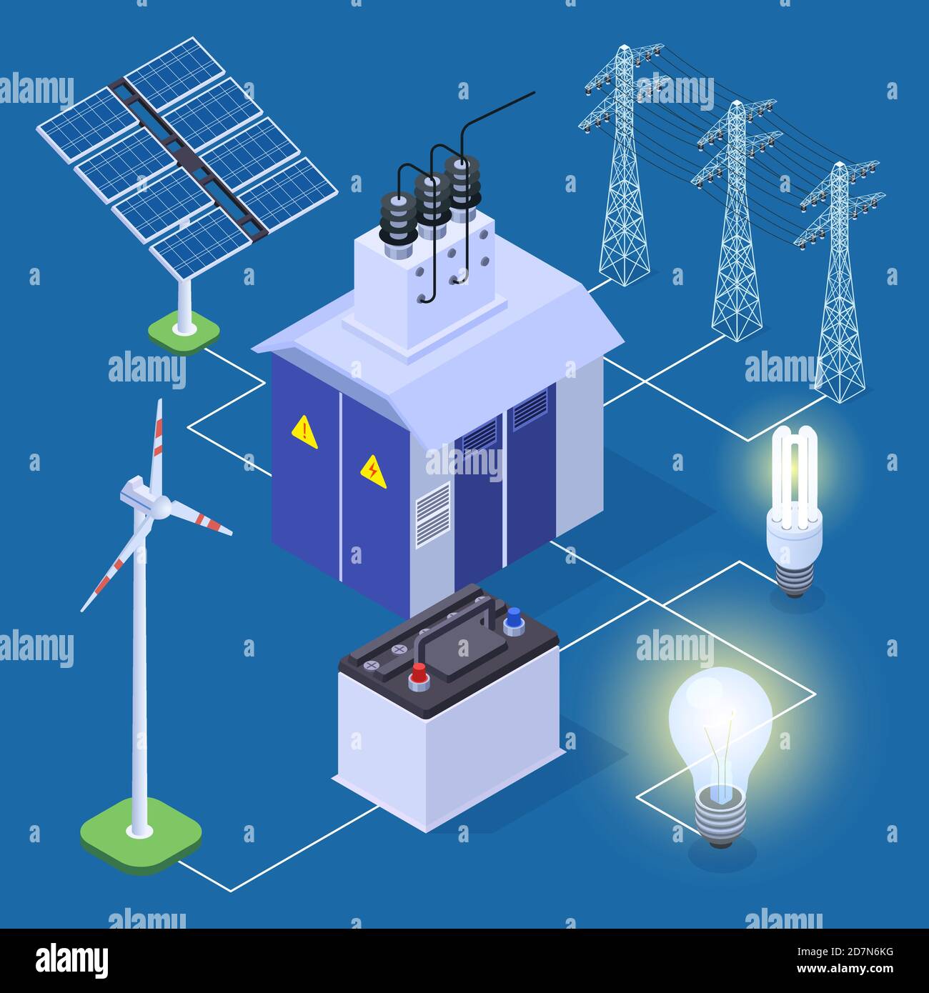 Concetto vettoriale isometrico elettrico con generatore di energia e pannelli solari. Illustrazione dell'energia del generatore, energia solare Illustrazione Vettoriale