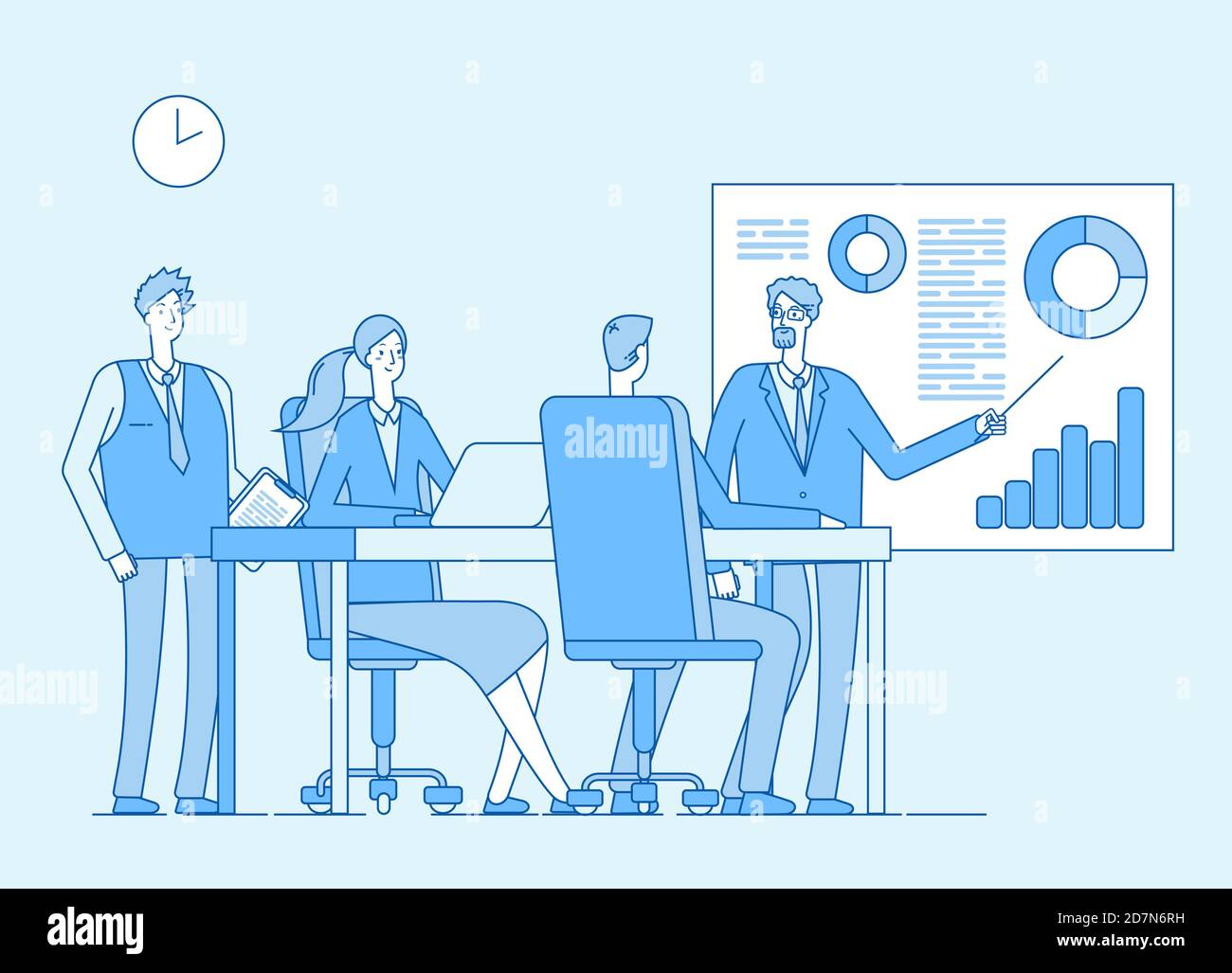 Concetto di lavoro di squadra. Lavoro aziendale, lavoro professionale con gli amici. Collaborazione, pianificazione. Infografica sulla linea vettoriale, incontro con l'ufficio, illustrazione del gruppo di comunicazione del team Illustrazione Vettoriale