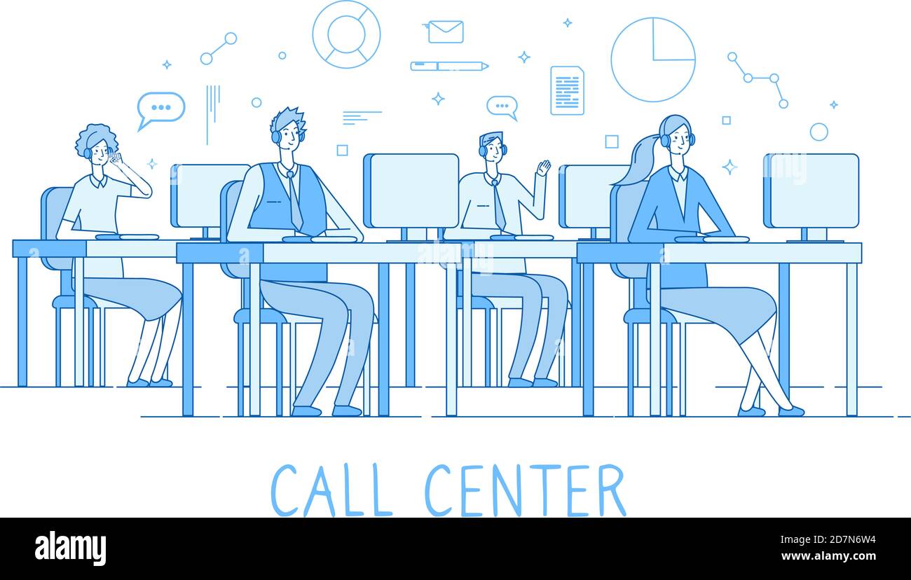 Concetto di call center. Servizio di assistenza clienti servizi di helpdesk computer call center operatore che supporta il concetto di linea vettoriale client. Operatore contattare l'helpdesk, illustrazione dell'assistenza telefonica Illustrazione Vettoriale