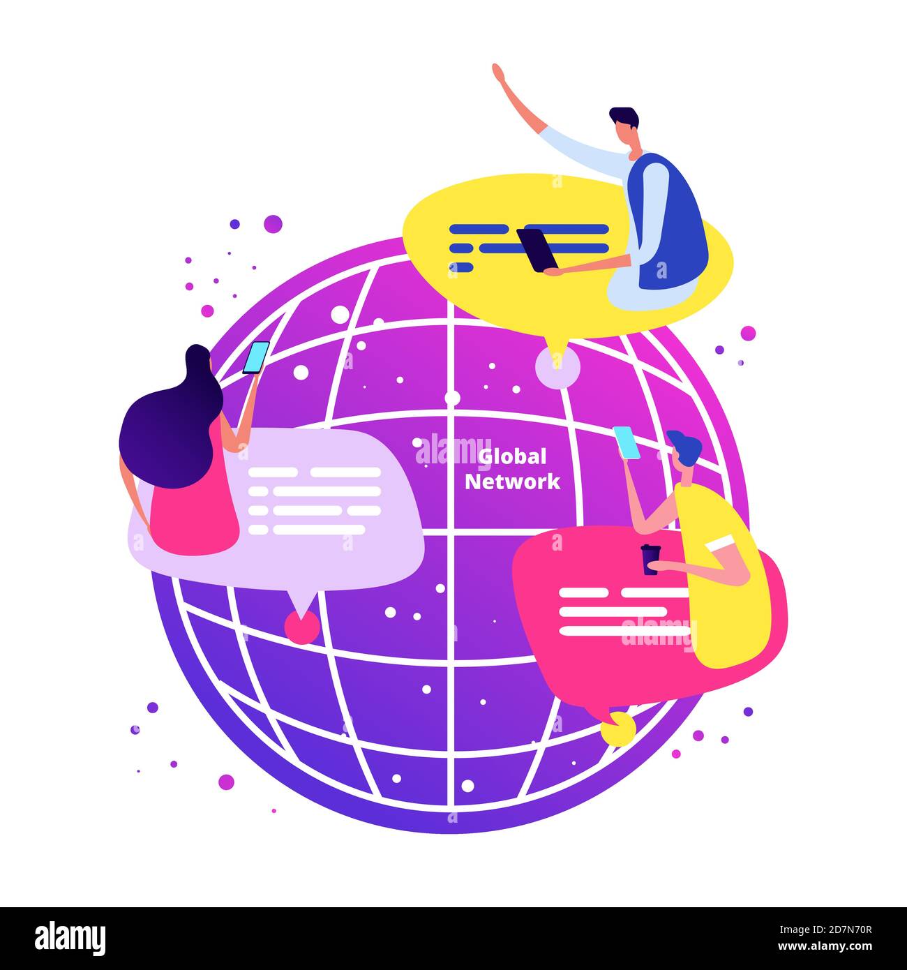 Concetto di rete globale. Illustrazione vettoriale della chat online internazionale con telefoni. Comunicazione online globale su Internet, comunità di rete Illustrazione Vettoriale