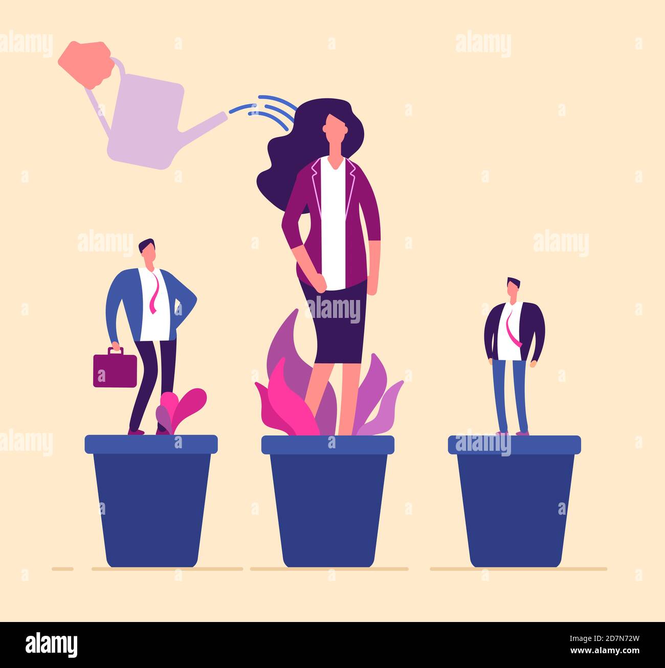 Crescita dei dipendenti. Business professionisti persone in flowerpot sviluppo formazione crescente gestione carriera risorse umane vettore. Illustrazione della carriera dei dipendenti, dello sviluppo crescente e innaffiante Illustrazione Vettoriale