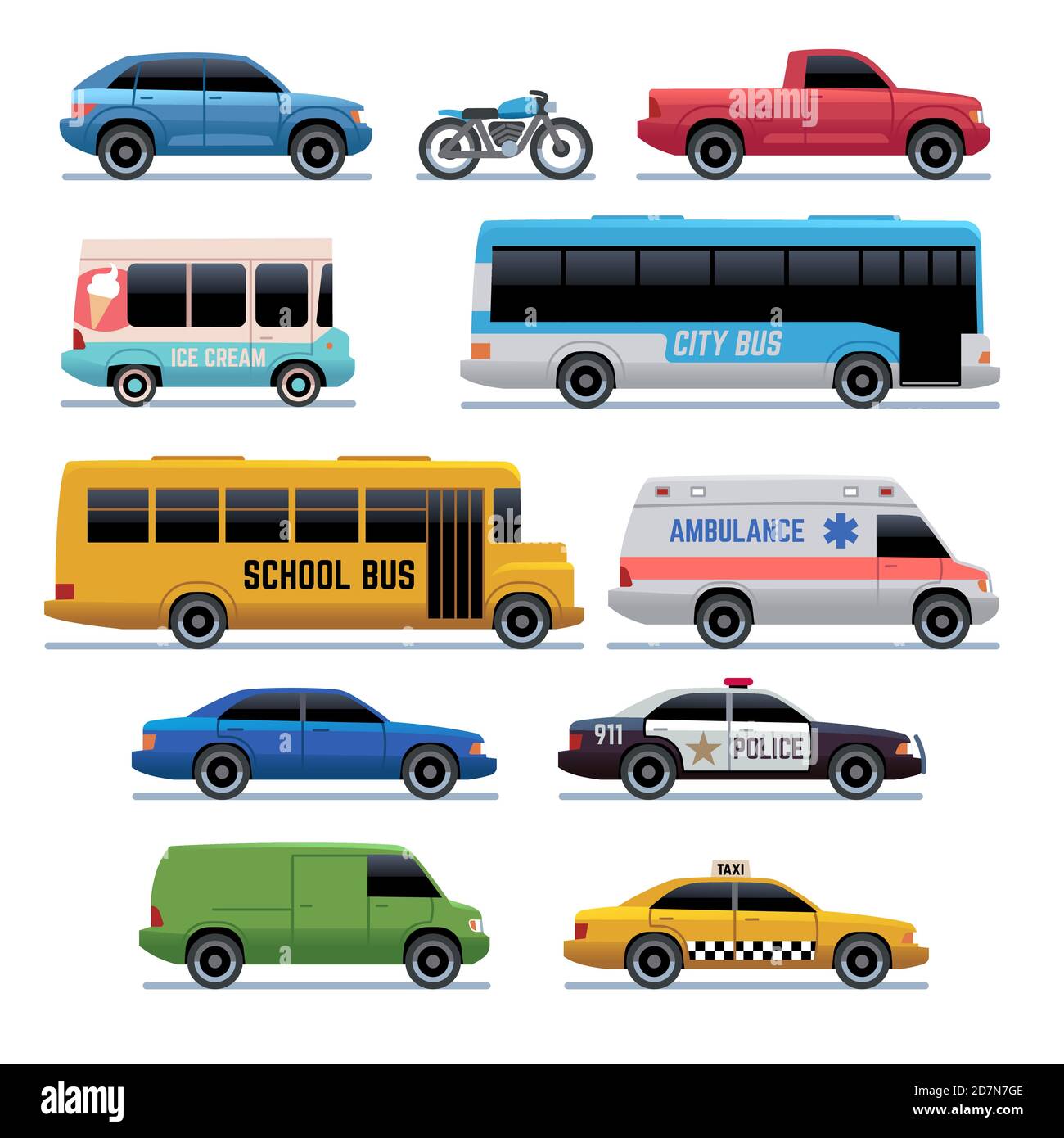 Icone di auto piatta. Mezzi pubblici della città autobus, auto e  bicicletta, camion. Simboli cartoni animati vettoriali del veicolo.  Trasporto città auto e autobus, collezione di illustrazione dell'automobile  Immagine e Vettoriale -