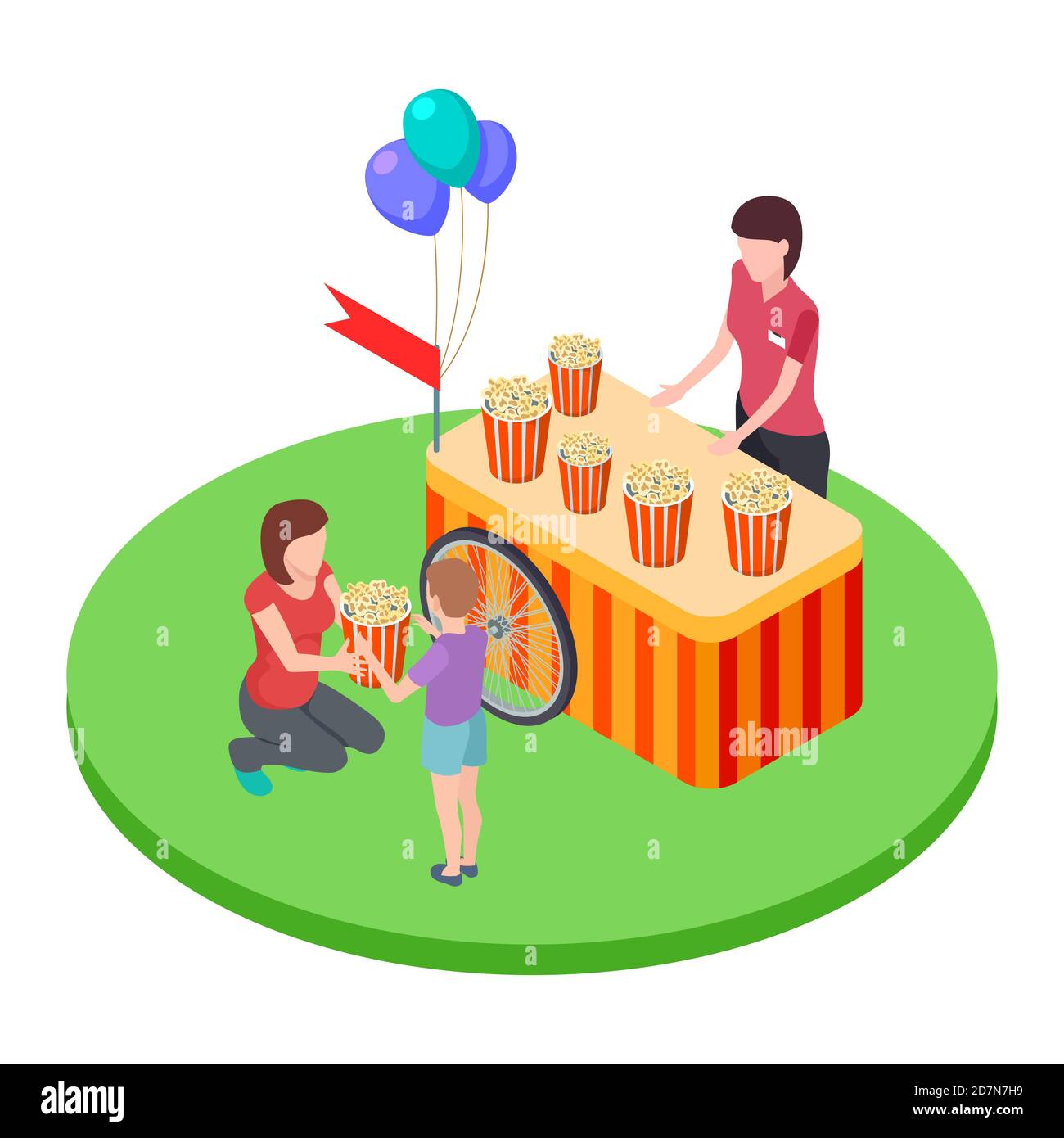 Vendendo il popcorn nel parco, una donna dà un ragazzo popcorn basket isometrica vettore illustrazione. Snack popcorn, chiosco all'aperto Illustrazione Vettoriale