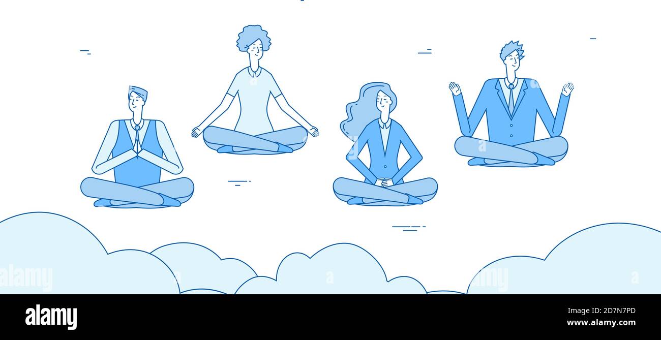 Uomini d'affari di meditazione. Le persone si rilassano in zen yoga lotus posizionamento in ufficio. I dipendenti evitano il concetto di vettore di sollecitazione. Illustrazione della concentrazione dei dipendenti, posizione yoga Illustrazione Vettoriale