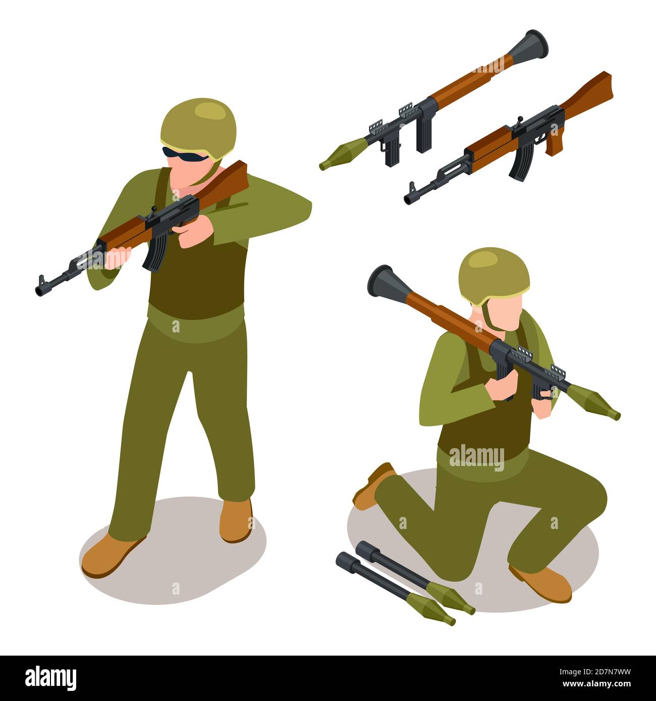 Forze speciali soldati e armi militari vettore isometrico isolato su sfondo bianco. Soldato isometrico in uniforme, combattimento armato, illustrazione militare della fanteria Illustrazione Vettoriale
