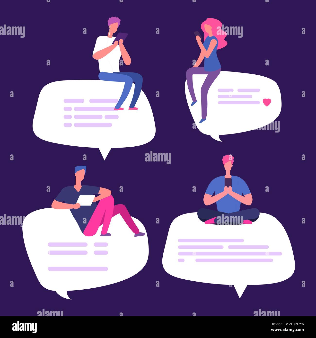 Le persone si siedono sulle bolle vocali con gli smartphone illustrazione vettoriale. Persone che chattano online, dialoghi e discussioni Illustrazione Vettoriale